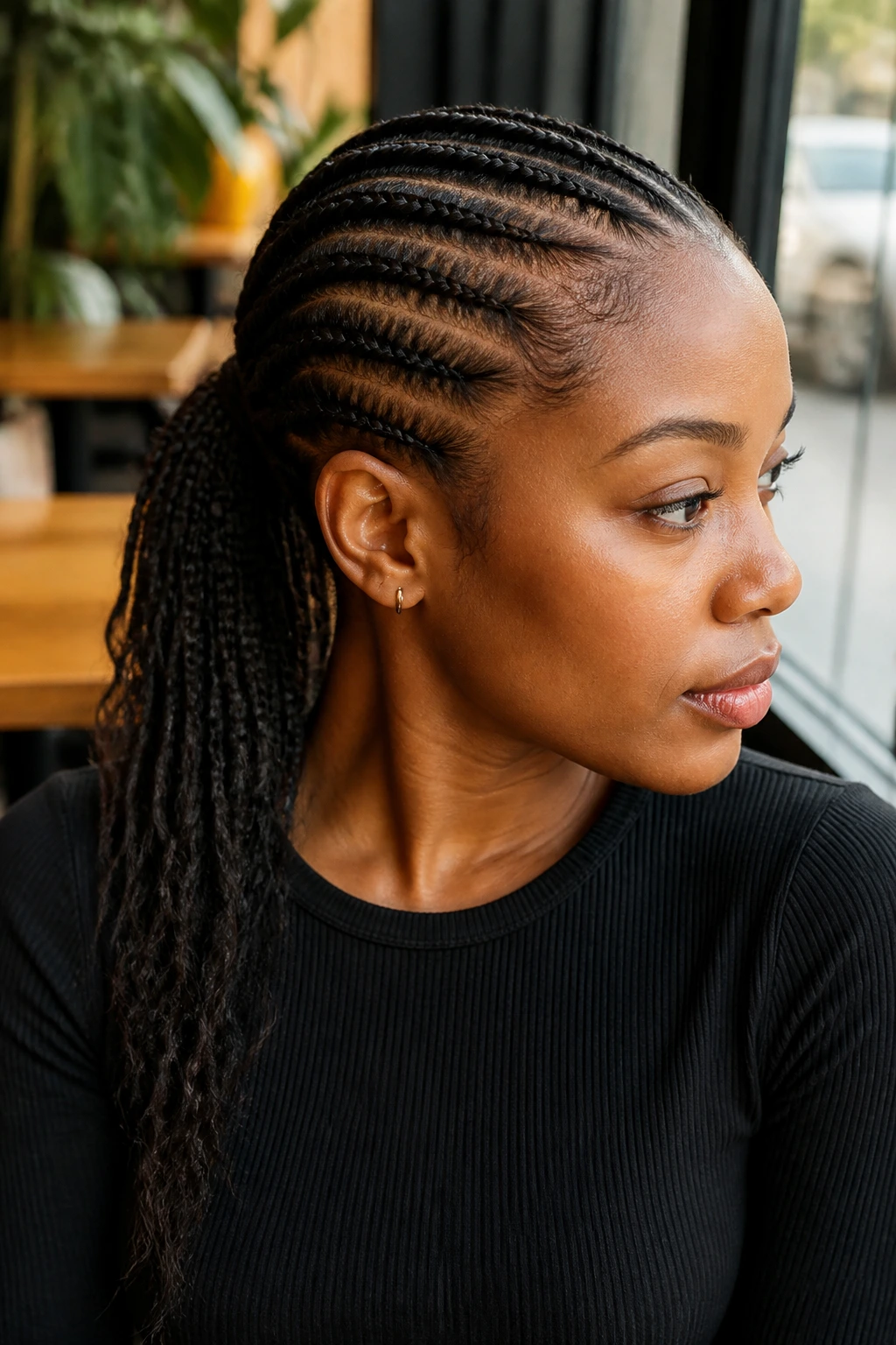 Close-up of a real woman with side-swept diagonal cornrows leading to a ponytail