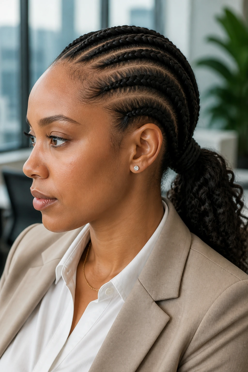 Close-up of a real woman with a low ponytail of cornrows wrapped base in an office setting