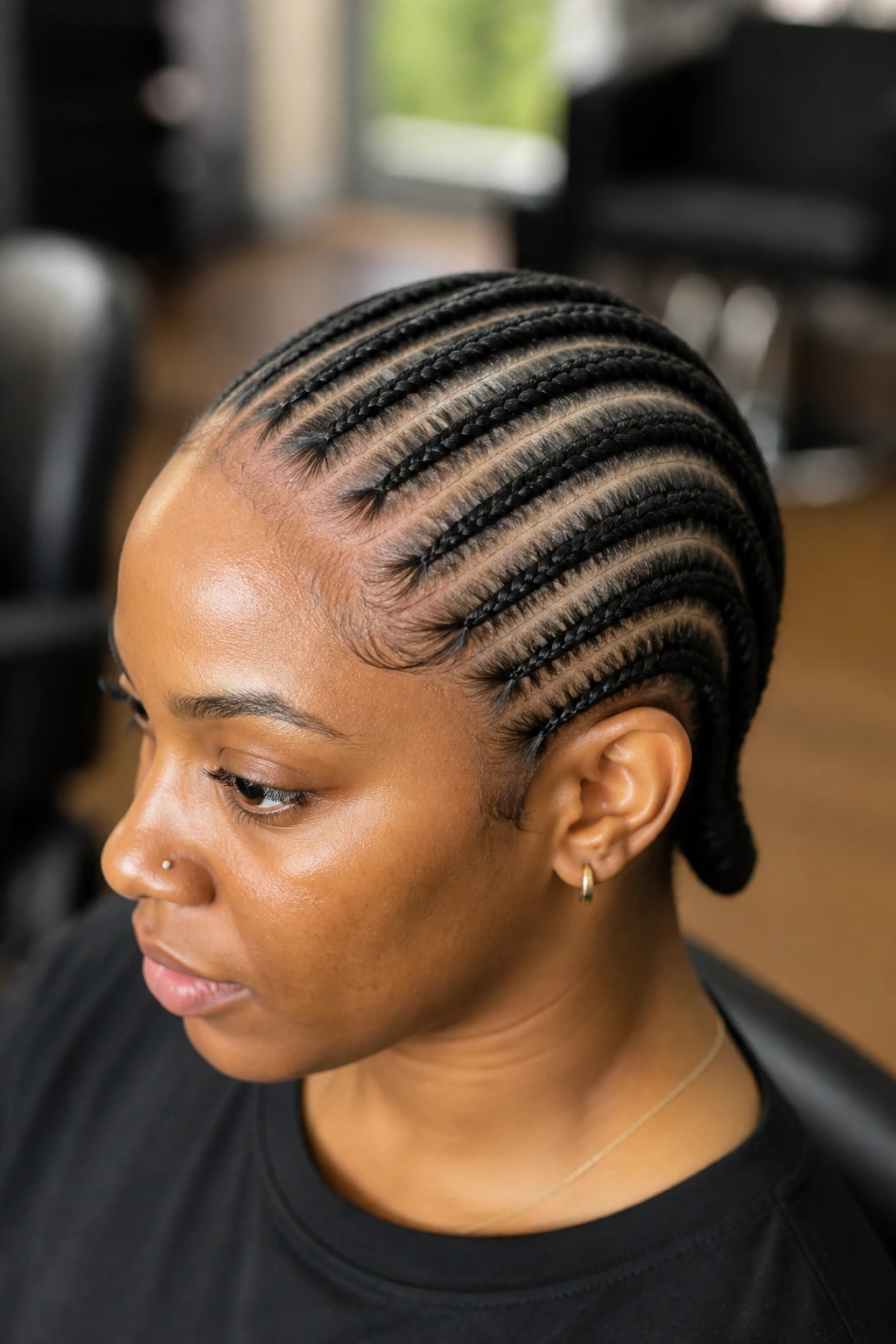 Close-up of straight-back cornrows on a real person's head