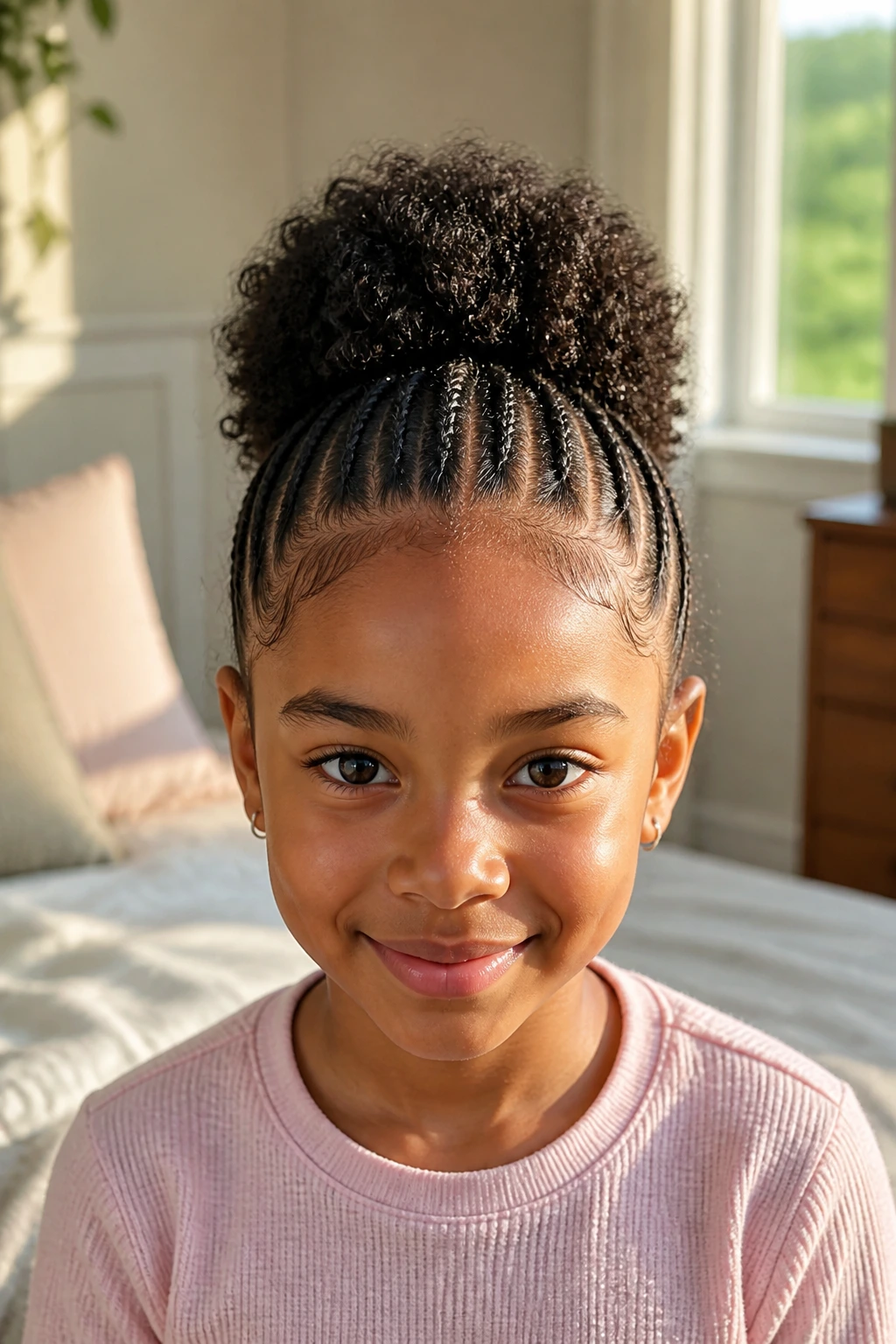 Close-up of a child with cornrows leading to a round puff at the back