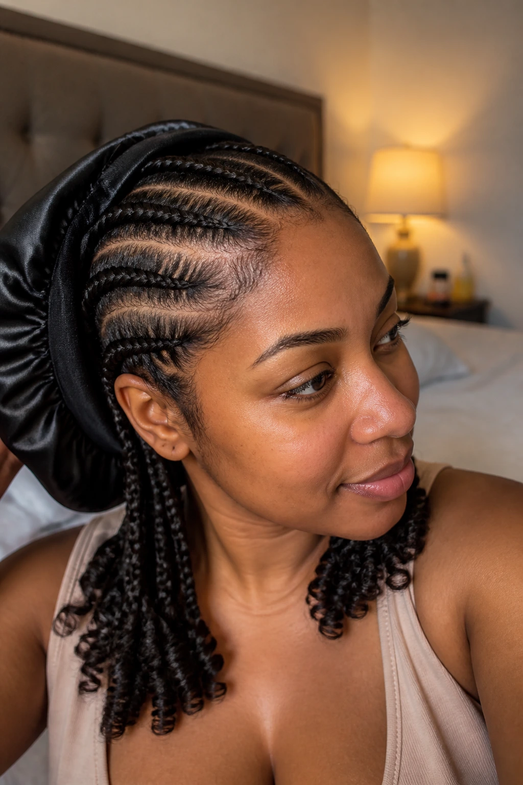 Portrait of a woman in a bedroom with satin bonnet and visible cornrows.