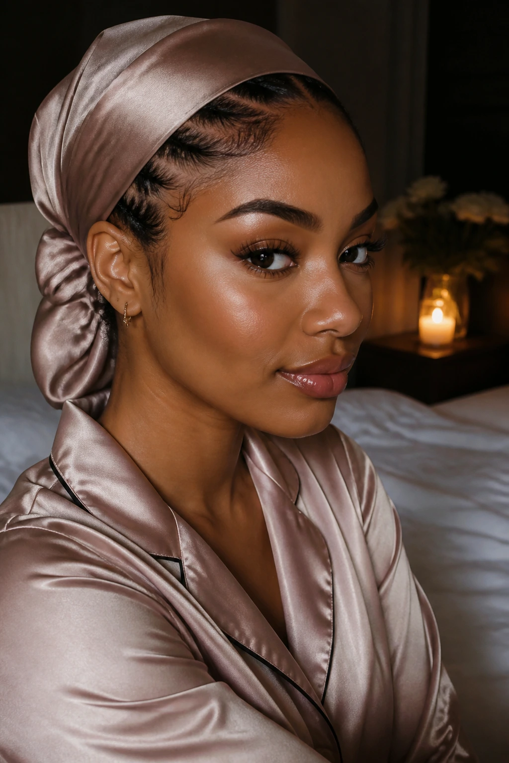 Close-up of woman wearing satin scarf over cornrows in a bedroom