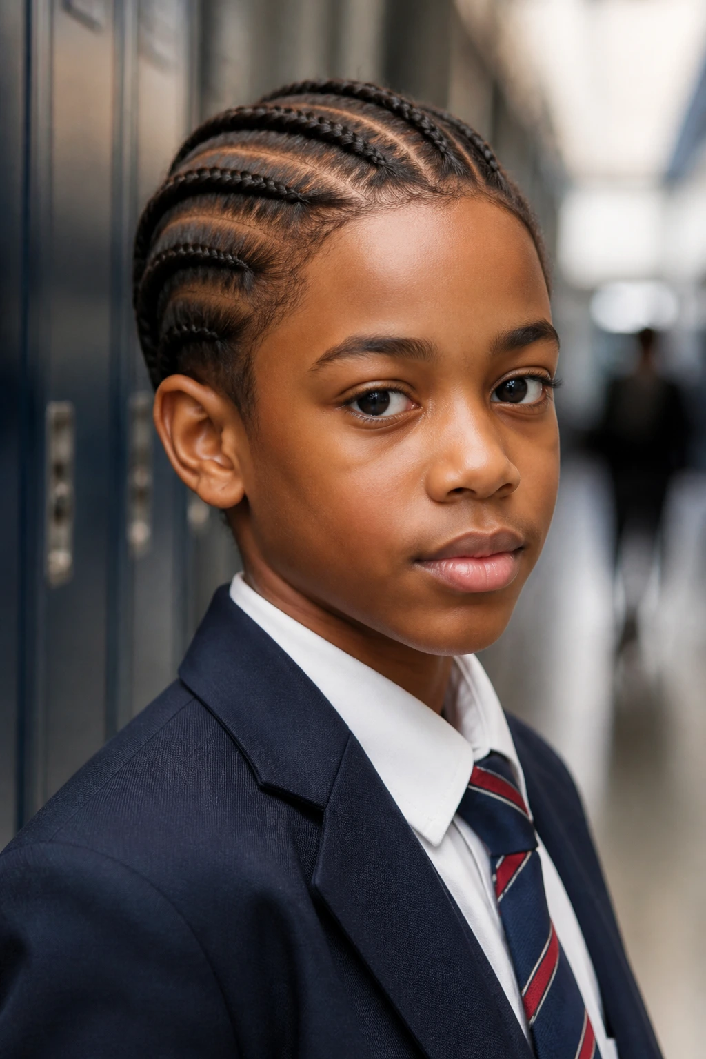 Portrait of a boy with cornrows in a school setting