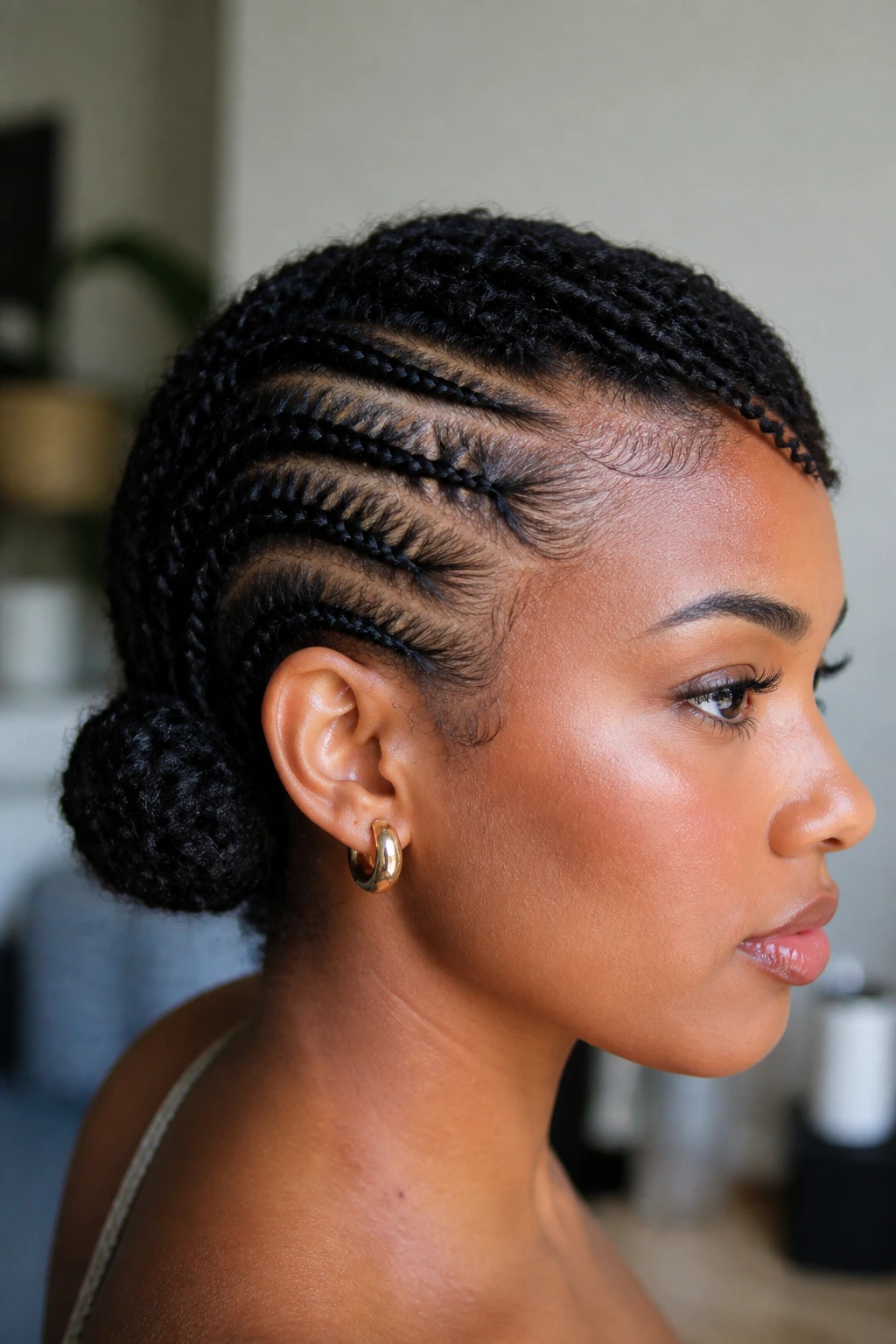 Close-up of a real person with a low side cornrow knot on short coils behind the ear