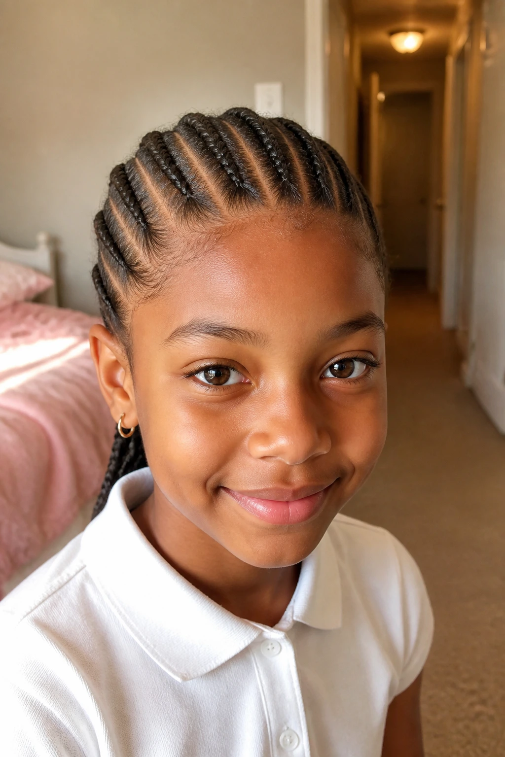 Close-up of a child with straight-back cornrows in natural morning light