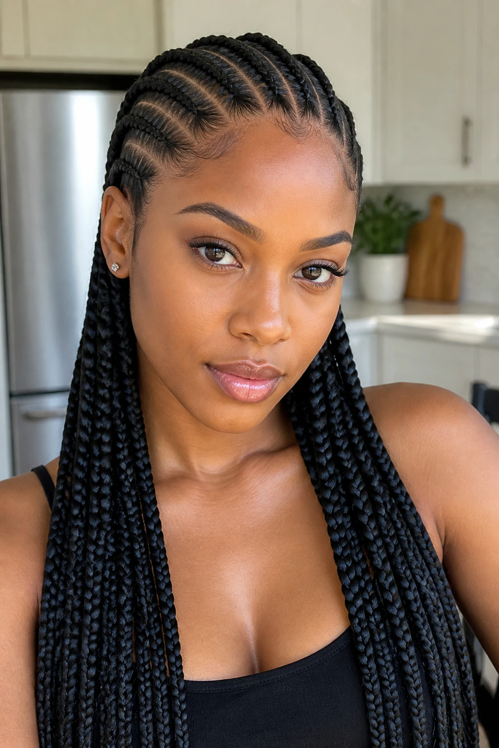 Close-up of a real woman with straight-back feed-in cornrows showing precise part lines