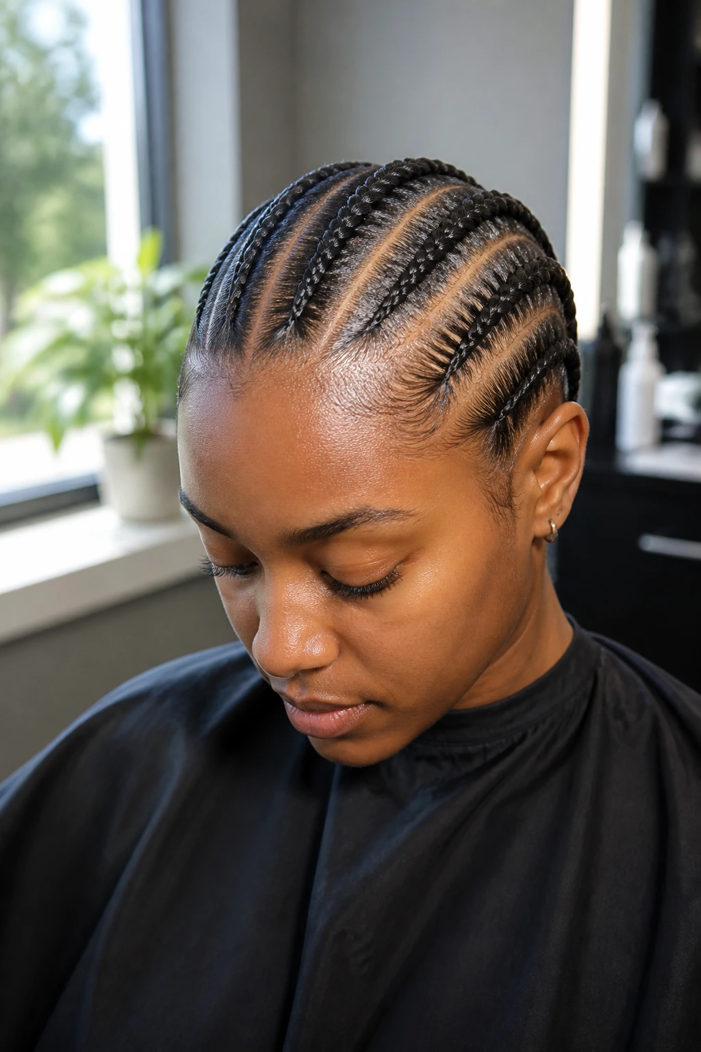 Close-up of straight-back cornrows on a real person with neat lines and center part