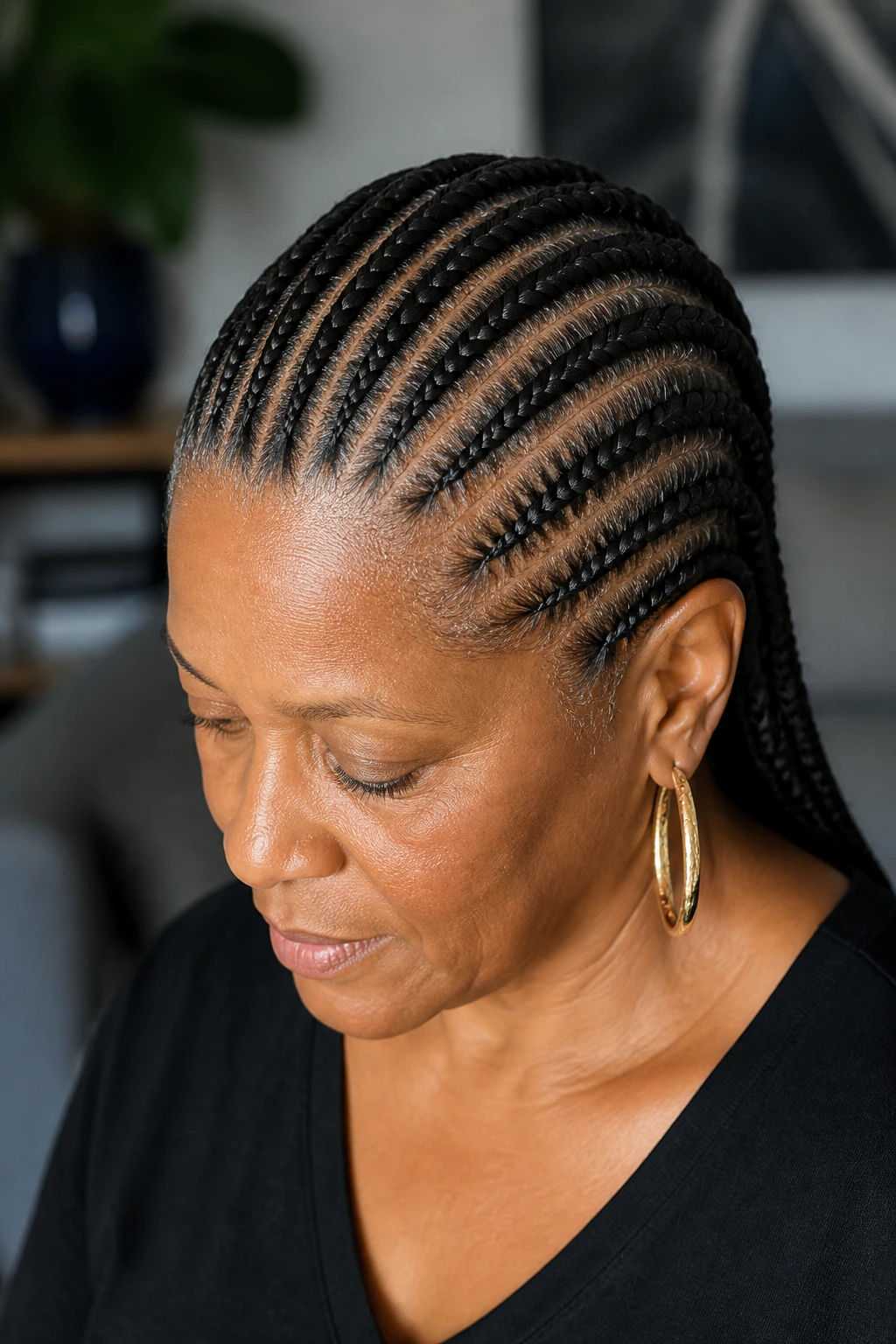 Close-up of straight-back cornrows on a real person