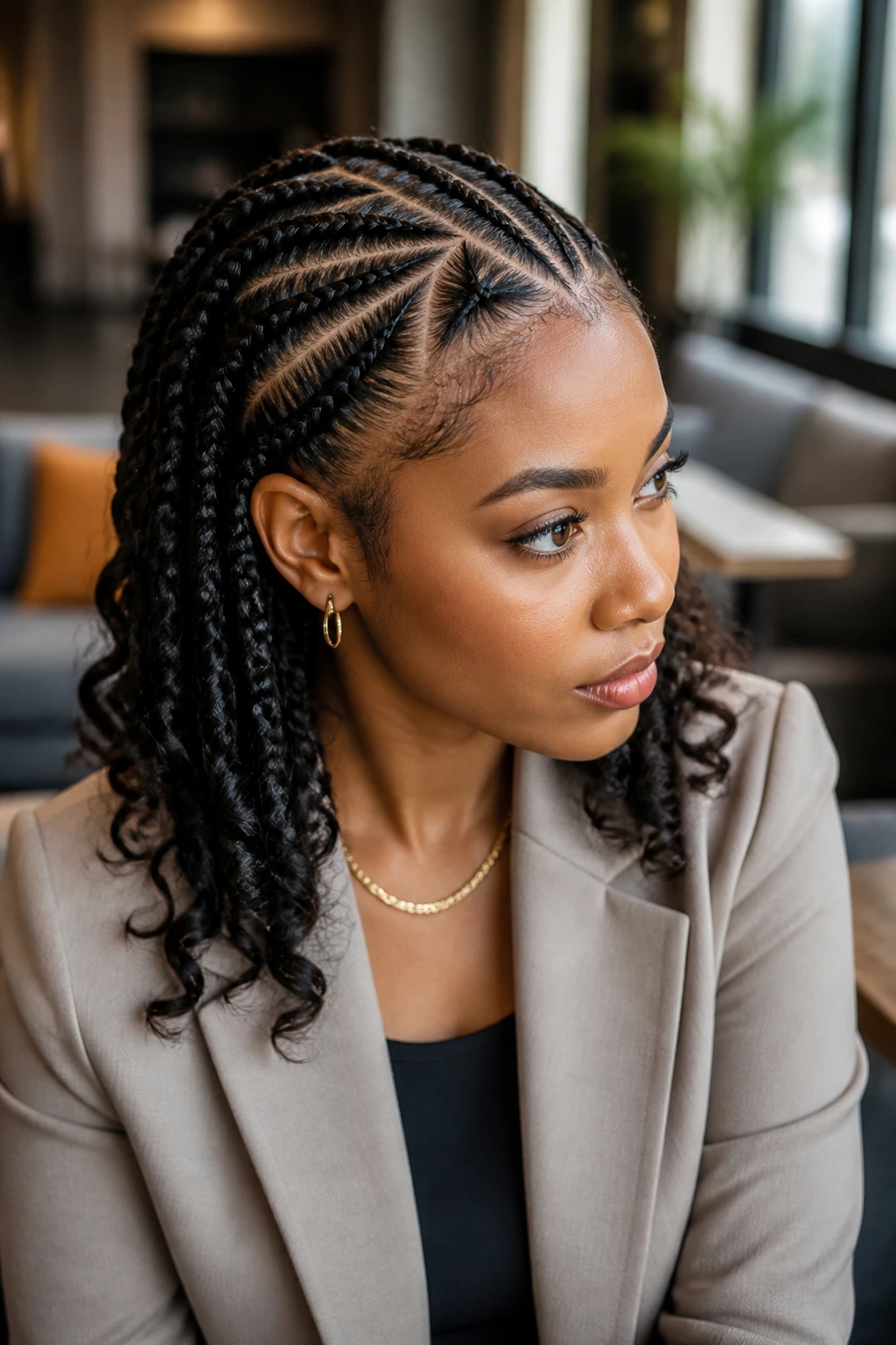 Close-up of a real woman with triangle-part cornrows and soft curl movement in an office lounge