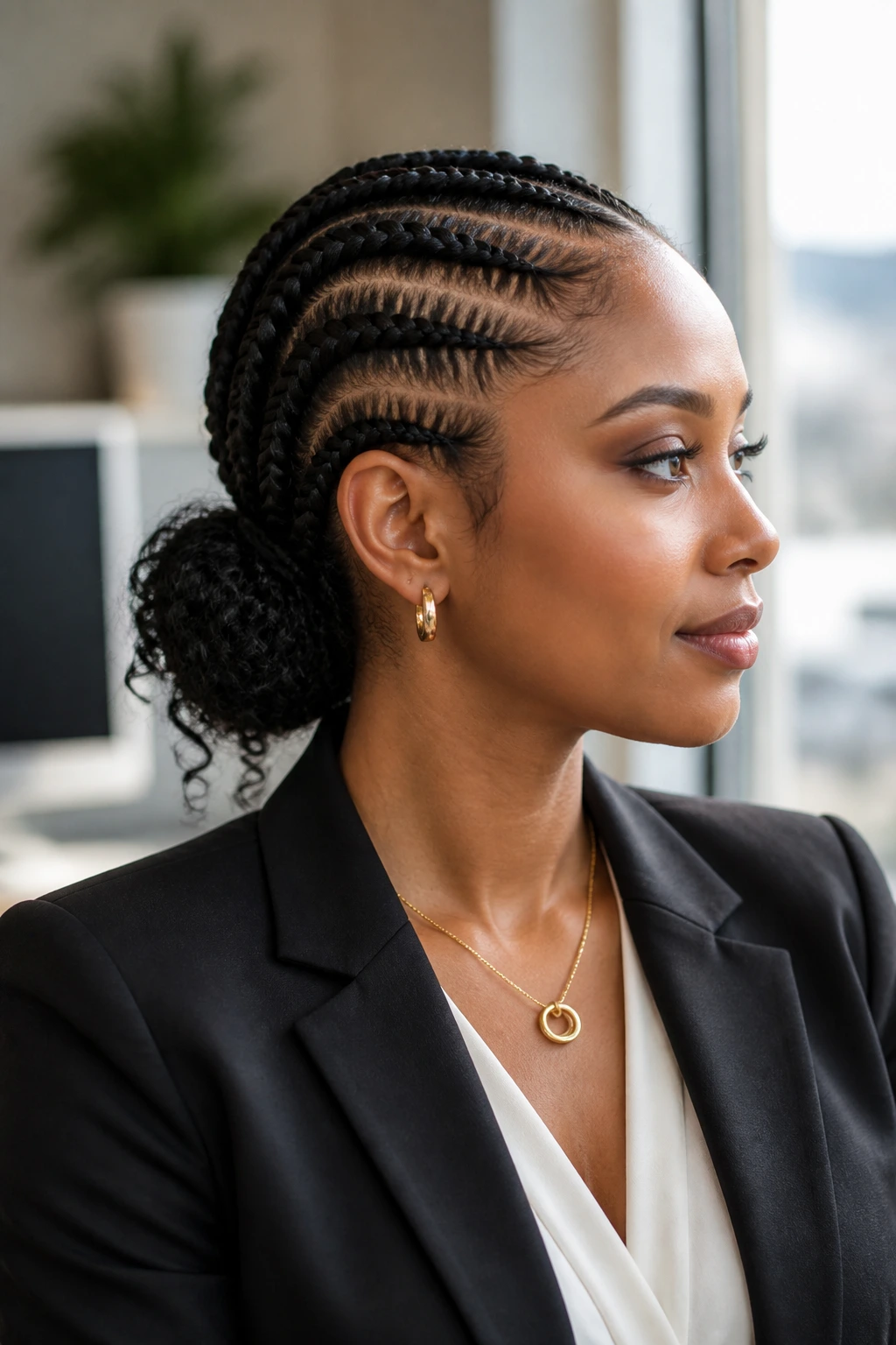 Close-up of a real woman with a tucked low bun and curly tail in an office setting