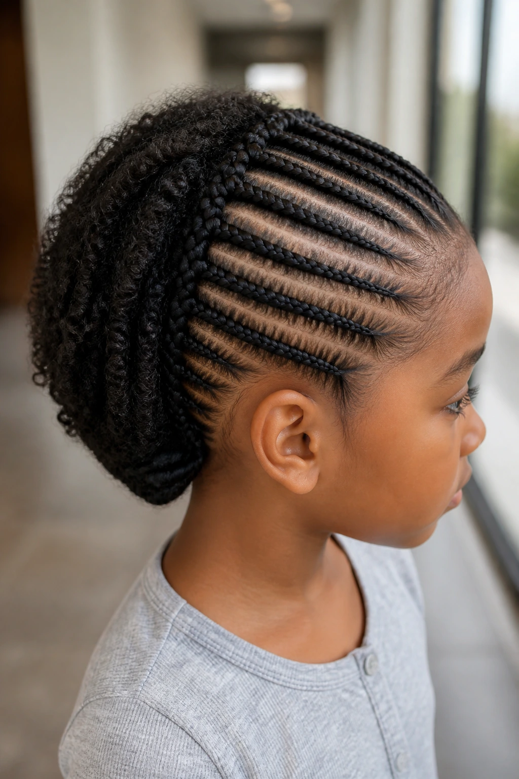 Close-up of a girl with tucked-end half cornrows in a bright hallway setting.