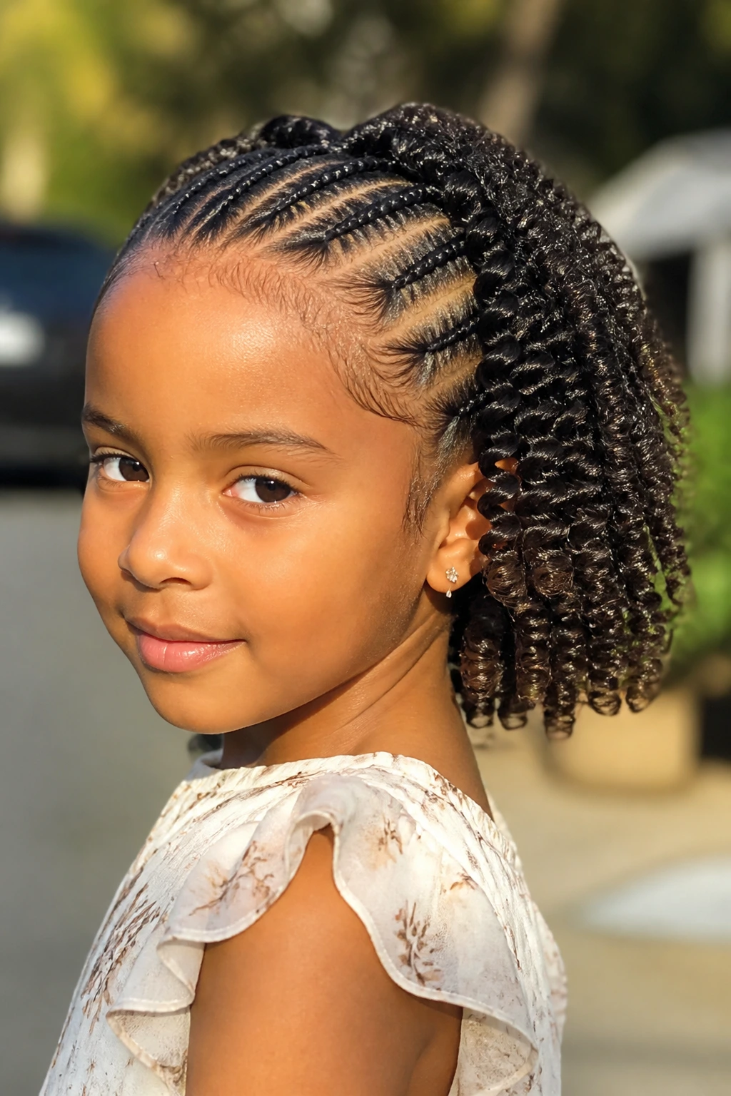 Close-up of a girl with twist-out back and crisp front cornrows in an outdoor setting.