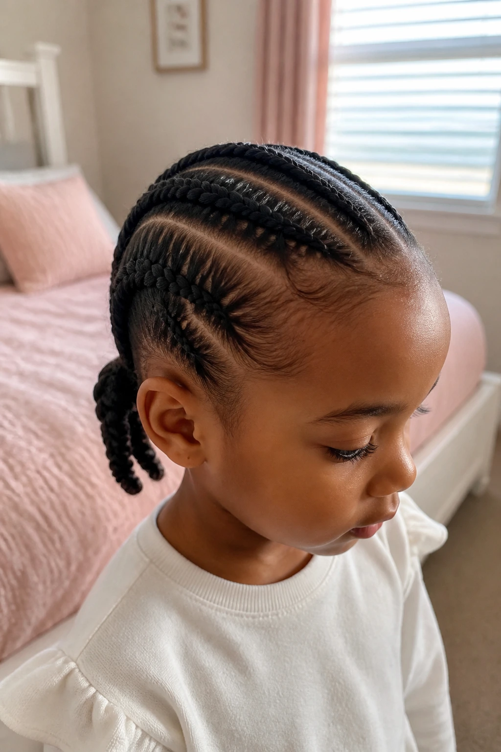 Close-up of a real girl with four cornrows forming two back twists