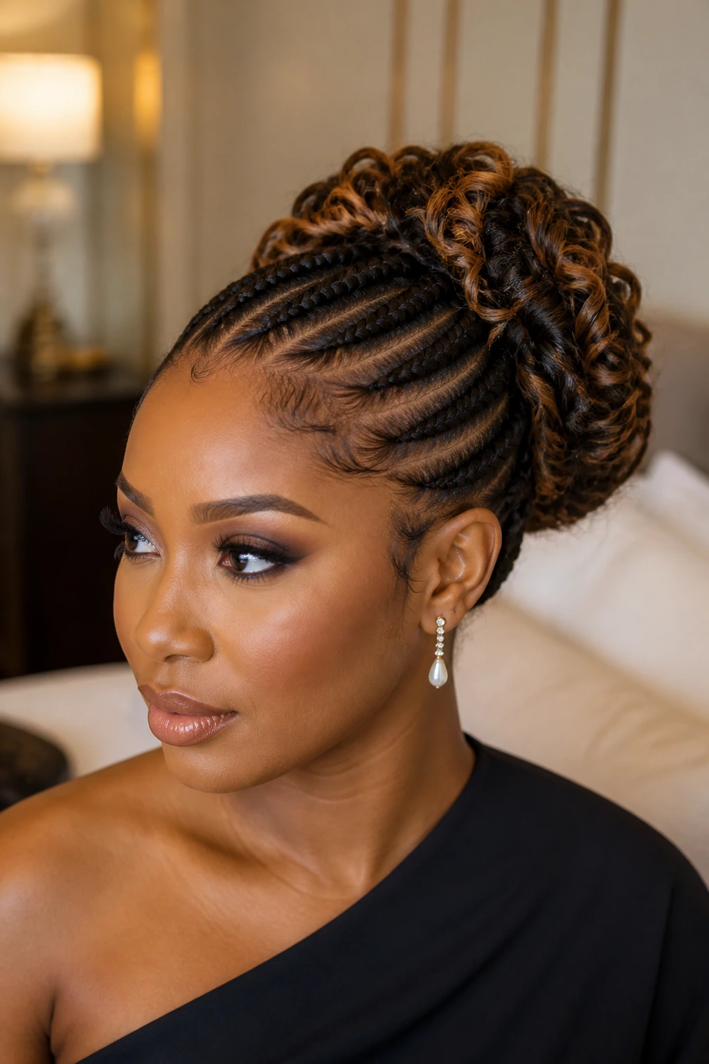 Real woman with cornrow updo and curly chignon with caramel highlights