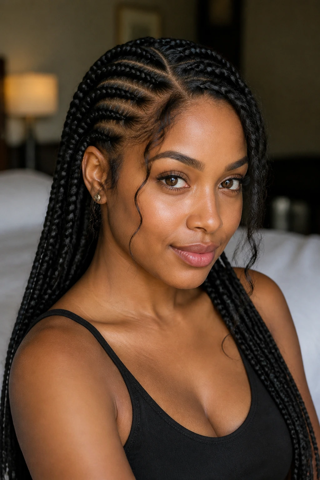 Real person with off-center part and face-framing pieces in cornrows