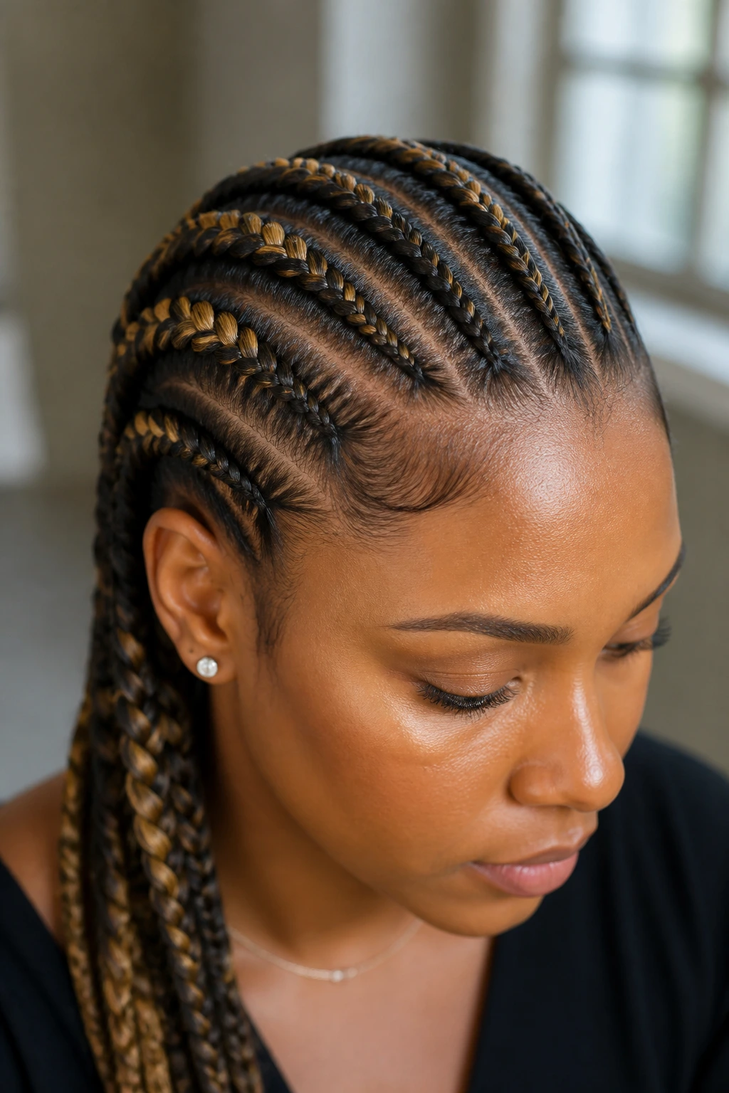 Close-up of straight-back cornrows with warm blonde accents