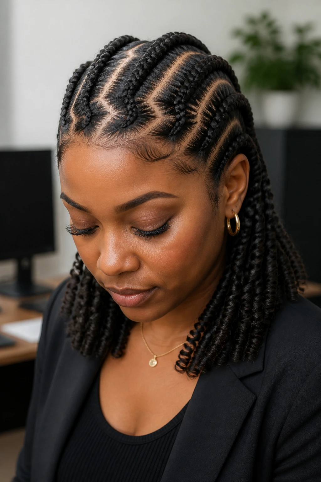 Close-up of a real woman with zig-zag part cornrows and defined ends in a neutral office backdrop