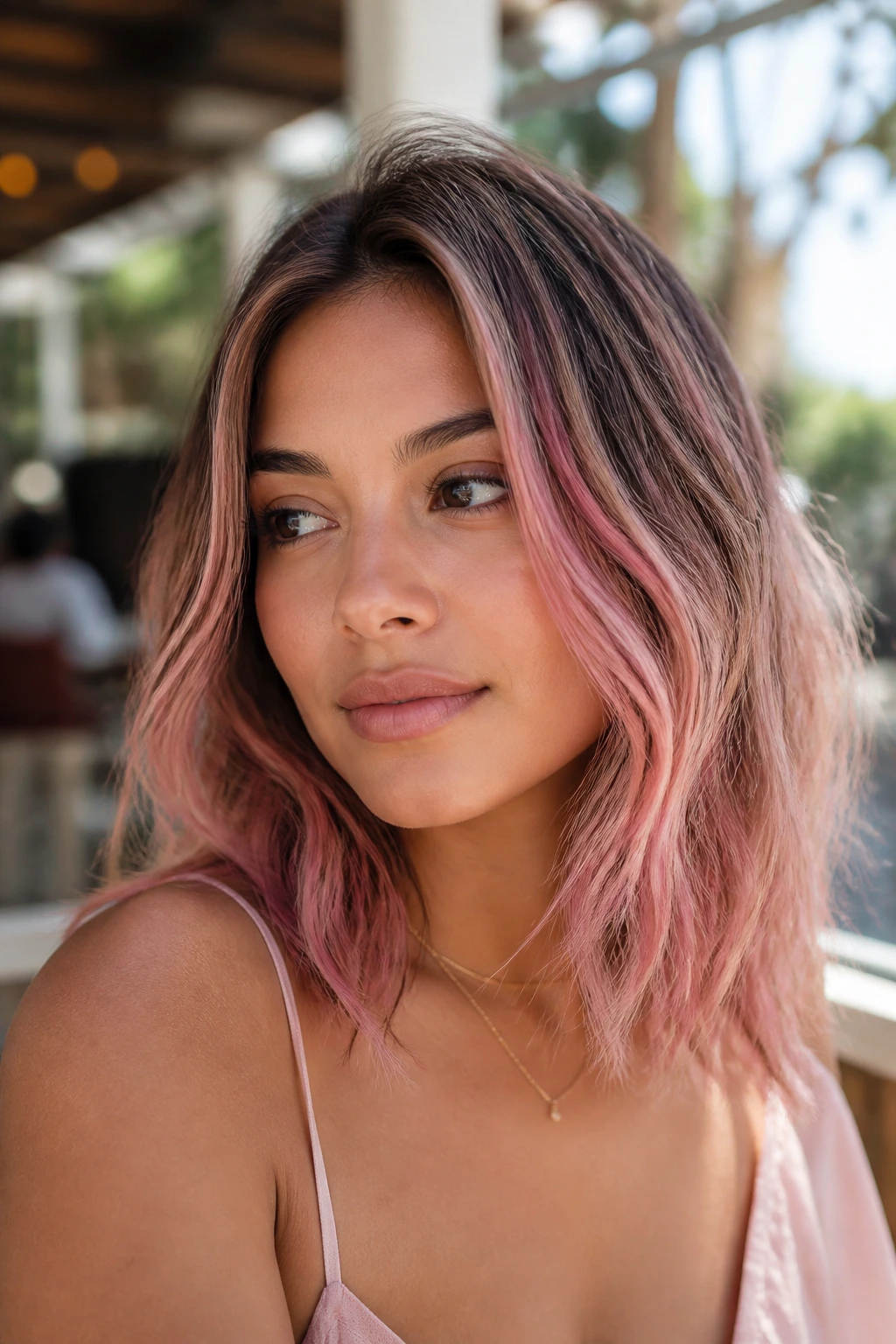 Close-up portrait of a real person with cotton candy featherlights through a wavy lob