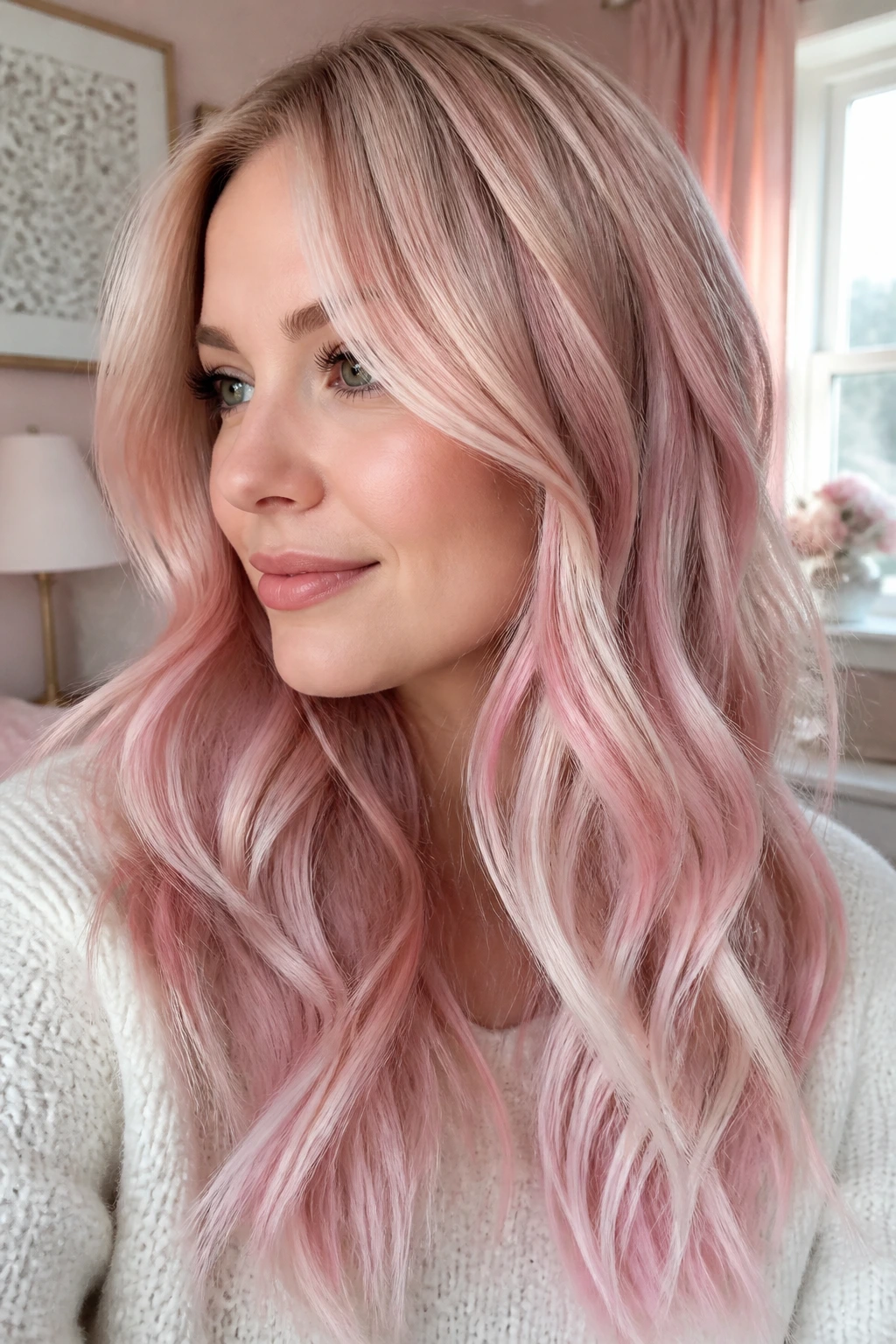 Cotton Candy Melt: roots beige, rosy mids, pale white ends with pink edge on a real woman.