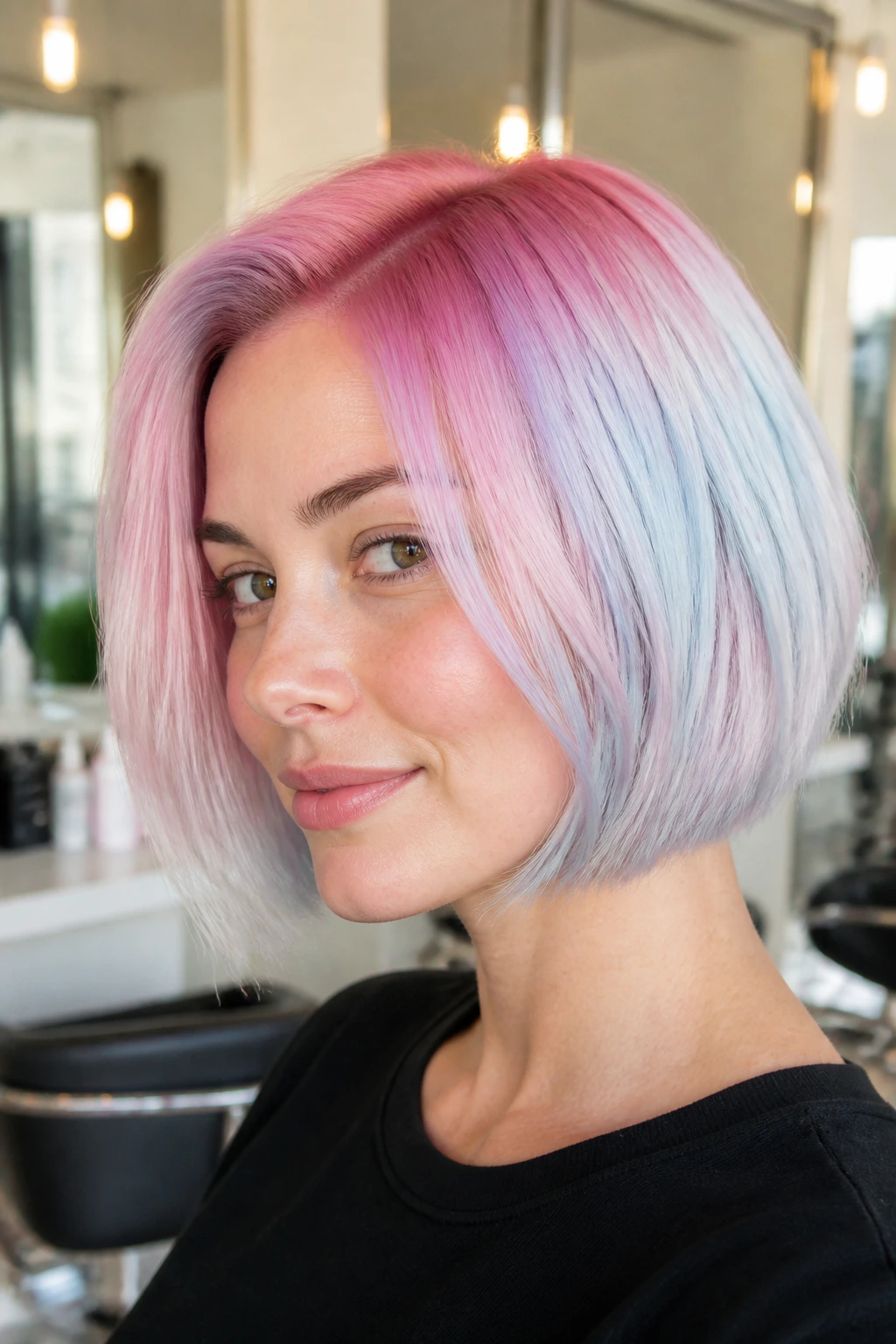 Close-up of a real person with pastel cotton candy frosted bob in pink, lilac, blue