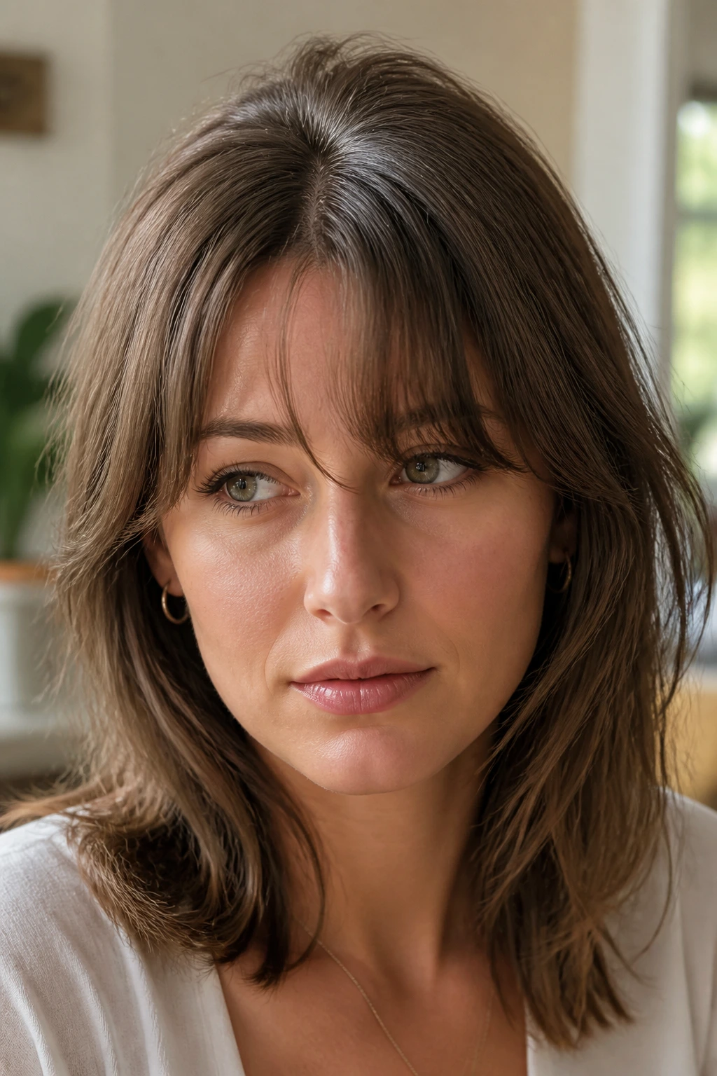 Close-up of a woman with a cowlick causing fringe to sit off-center