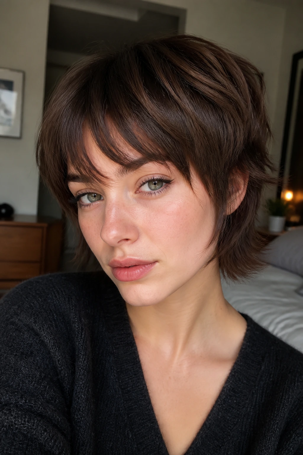 Close-up of a real person with cowlick-calming bangs and tapered sides