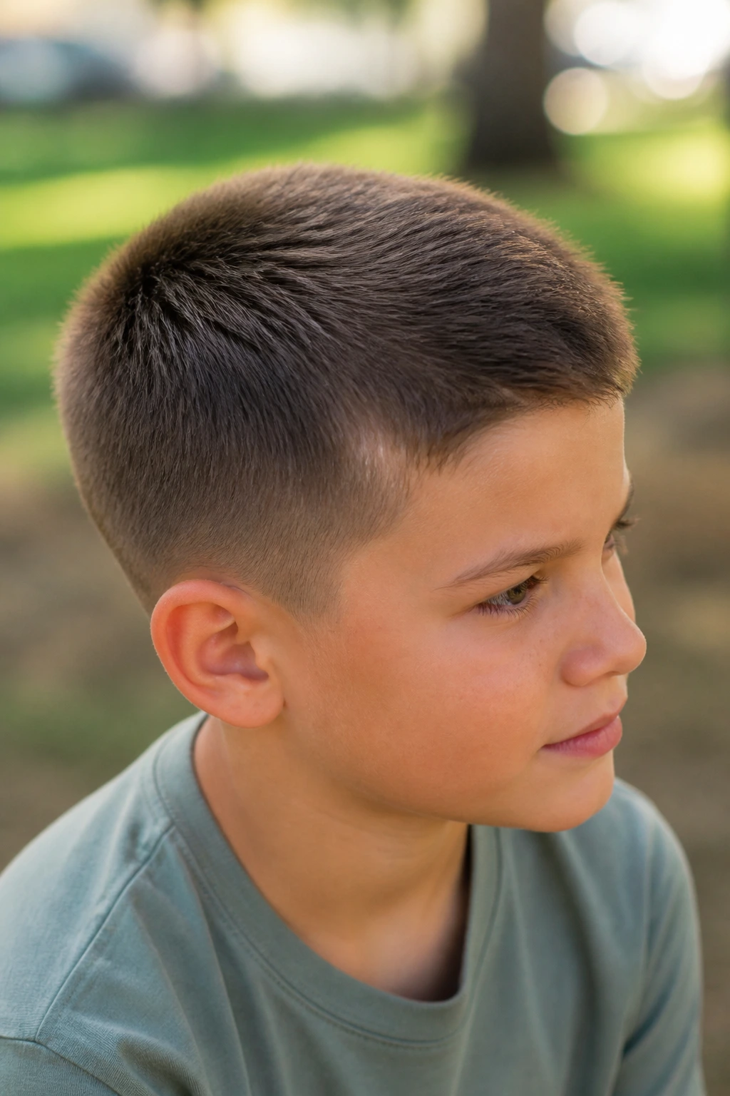 Boy with cowlick-friendly crew cut showing crown swirl tamed by short top