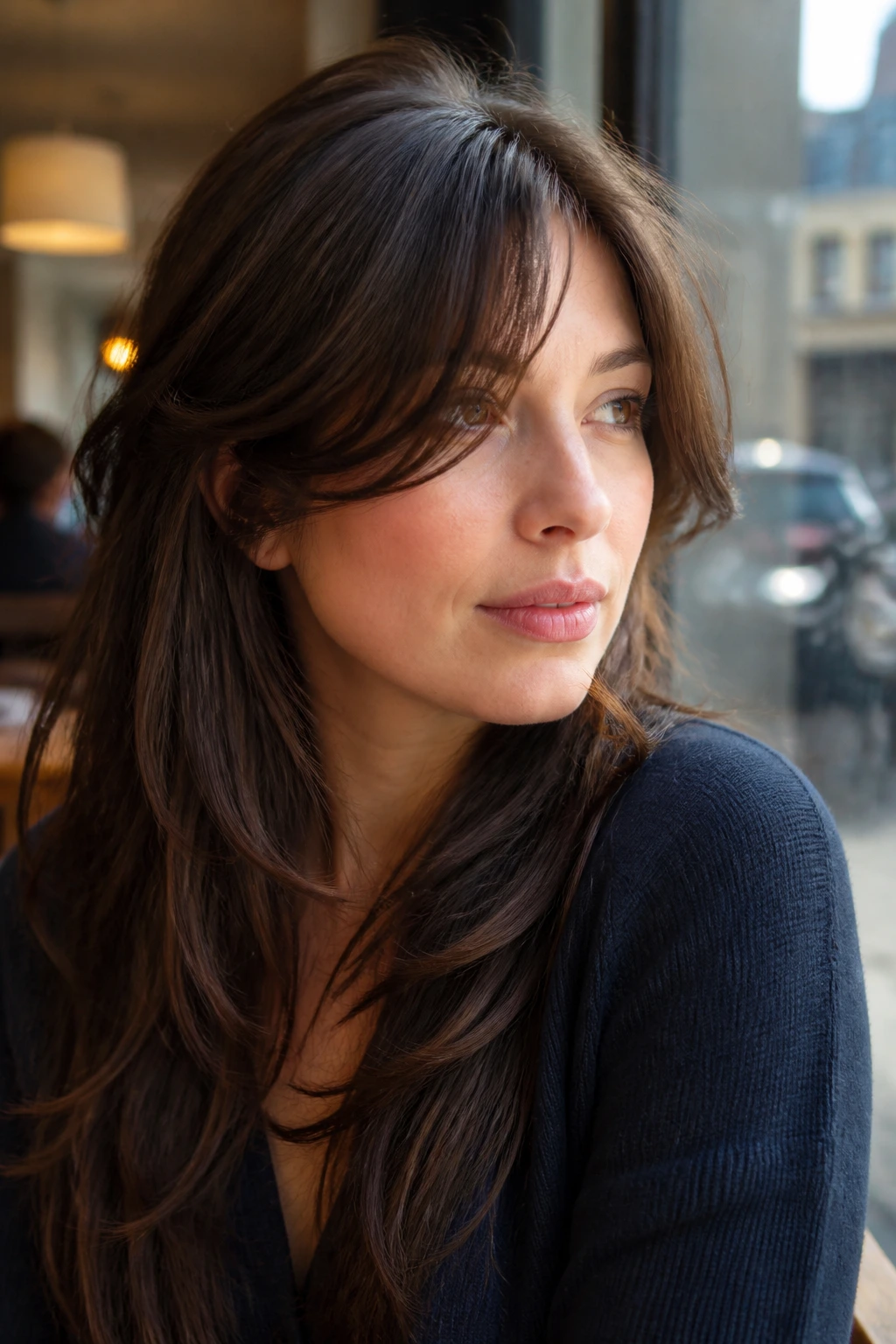 Close-up of a real woman with an off-center part and side-biased curtain bangs