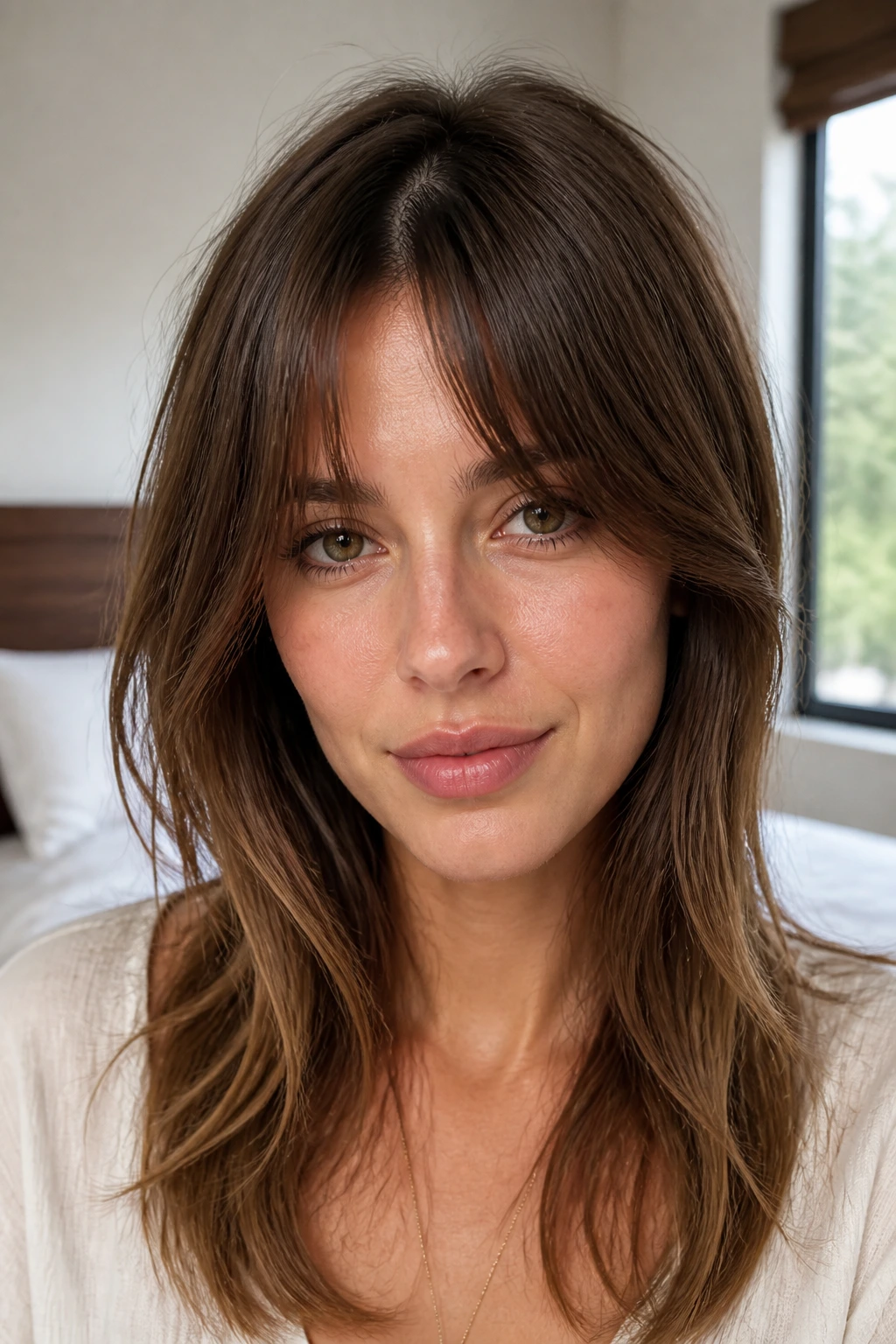 Real woman's cowlick-friendly split fringe with center opening