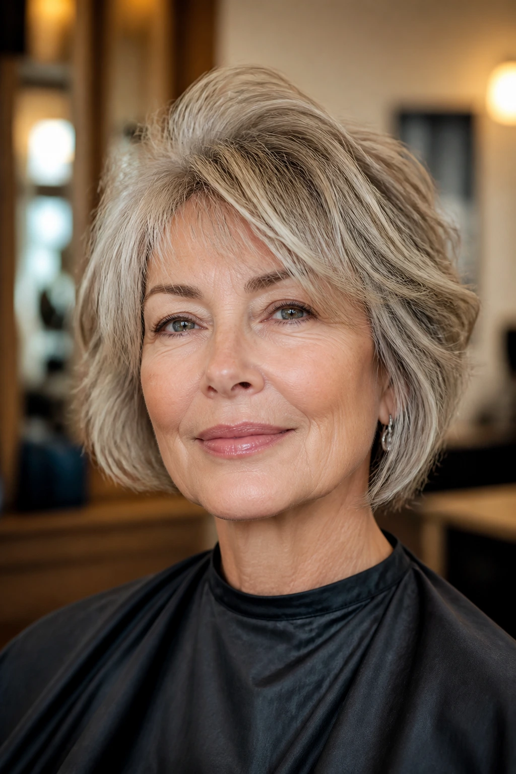 Close-up portrait of a real woman in a salon chair with a face-framing cut designed for cowlicks.