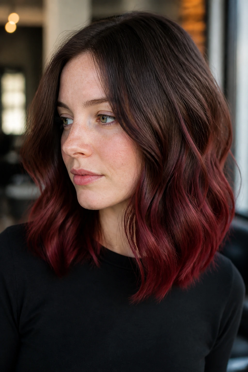 Close-up of a real woman with cranberry ends and a soft root melt in wavy hair