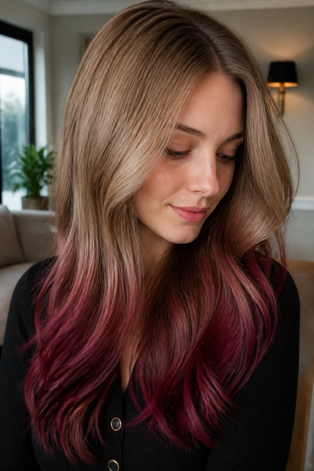 Portrait of real woman with cranberry-glaze ends and blonde top, soft light.
