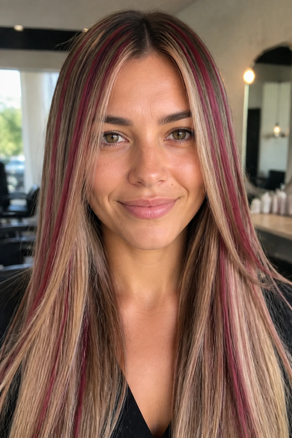 Portrait of a woman with cranberry glaze ribbons in blonde hair.