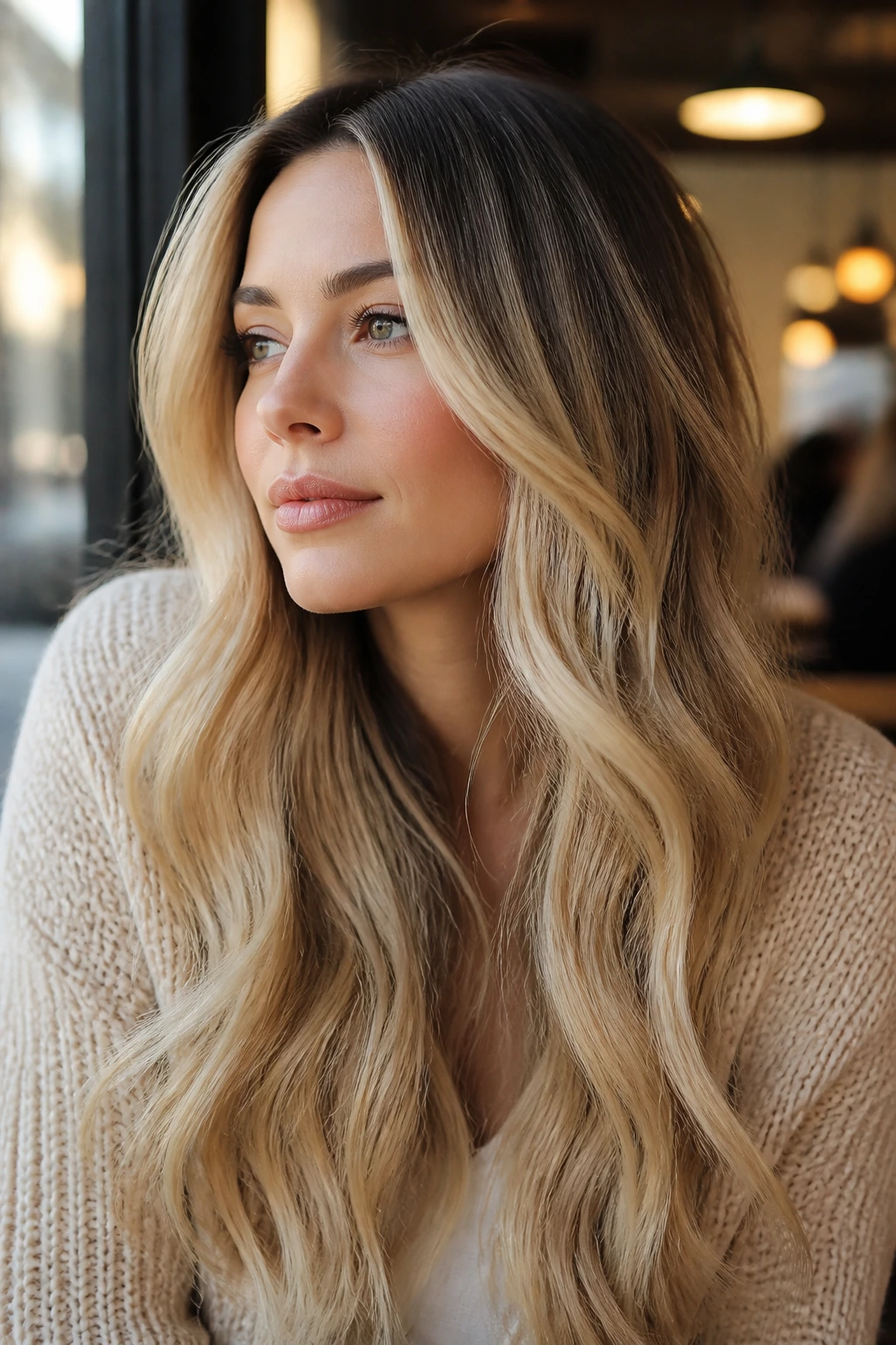 Close-up of a real woman with long cream balayage and face-framing lights by a cafe window.