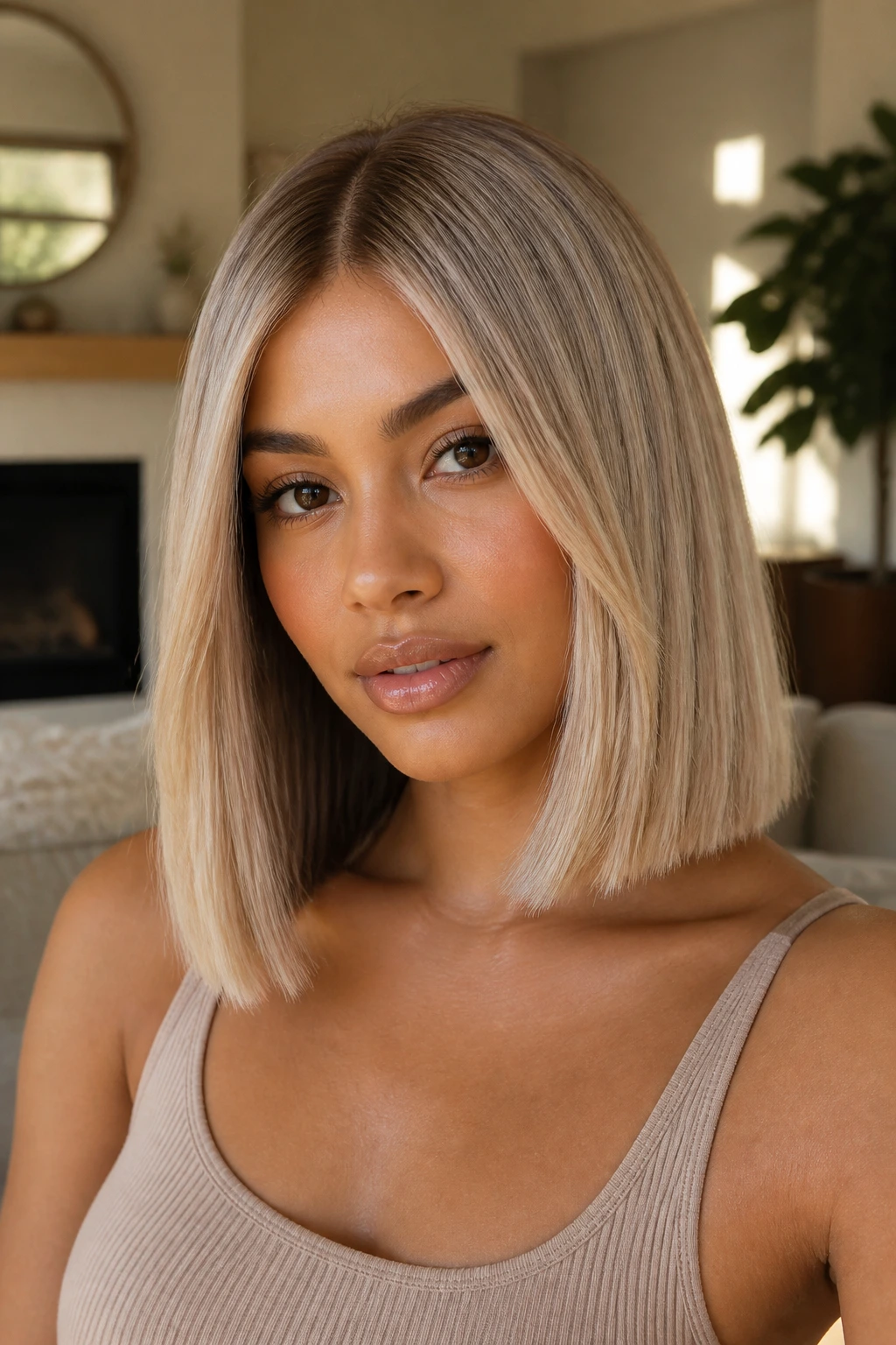 Close-up portrait of a woman with shoulder-length creamy beige blonde blunt lob and subtle lighter ribbons