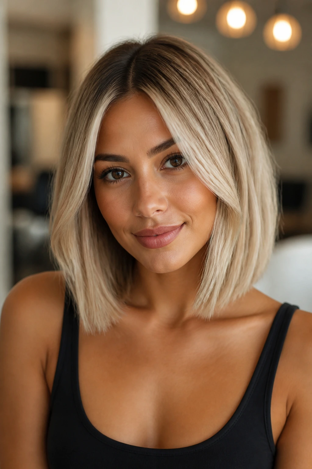Close-up of cream beige lob with soft center part on real person