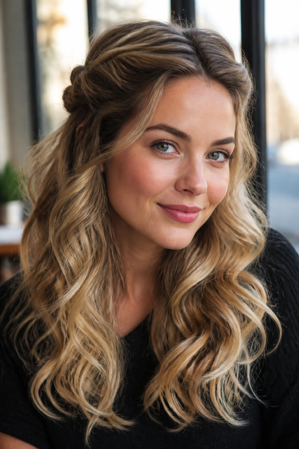 Close-up of a real woman with a half-up crown twist and cream blonde ends