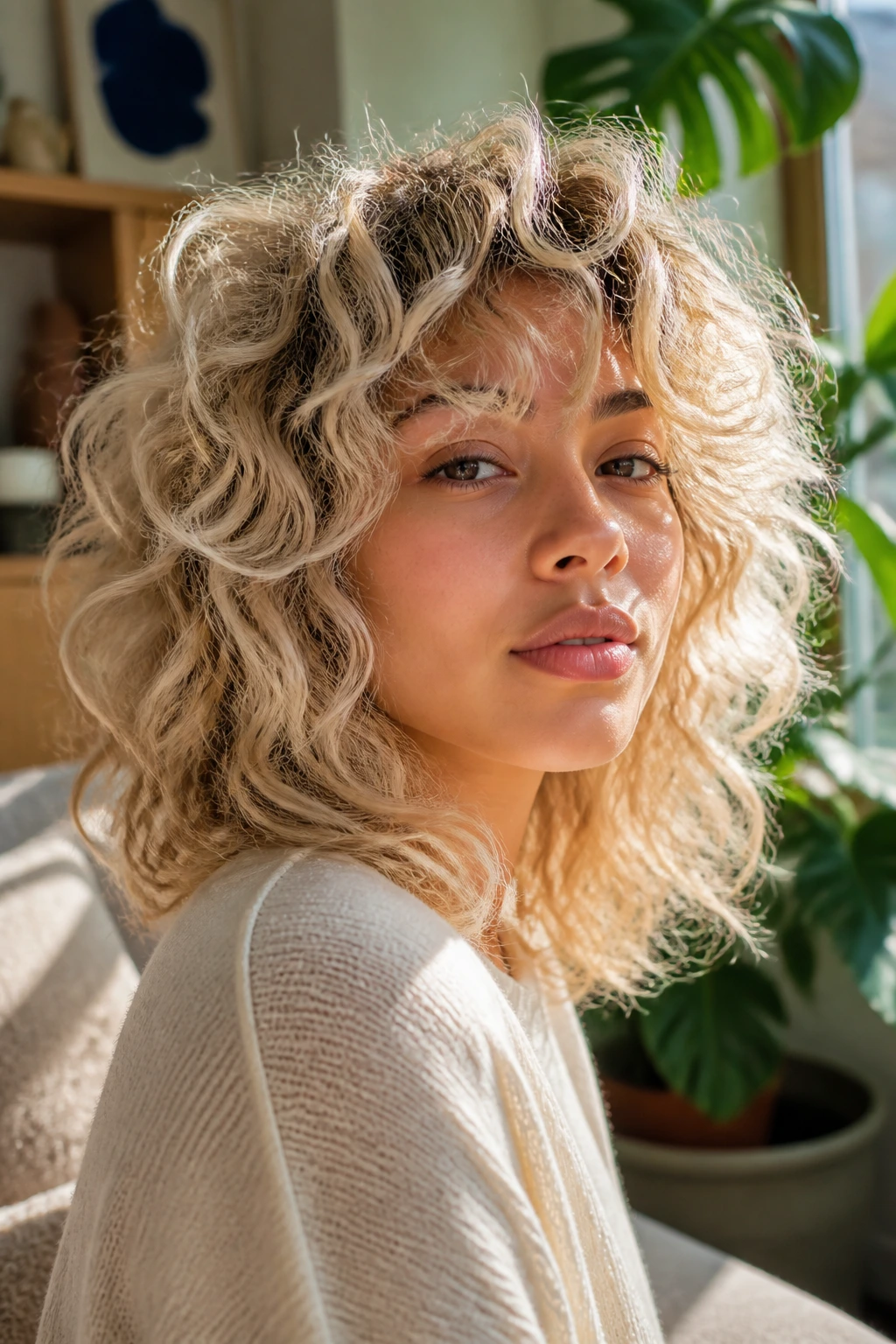 Close-up portrait of a woman with cream blonde curly shag hairstyle
