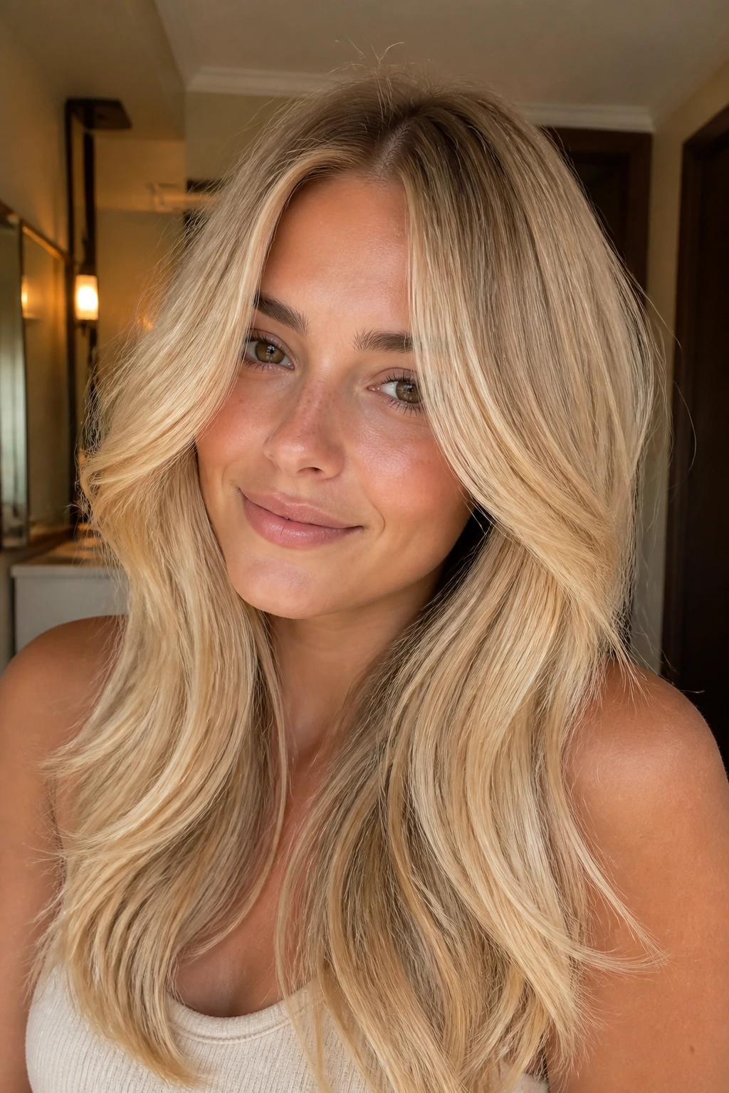 Portrait of a woman with cream blonde curtain layers framing the face