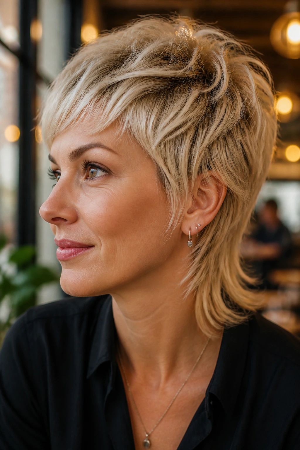Real woman with cream blonde soft mullet pixie and longer back.