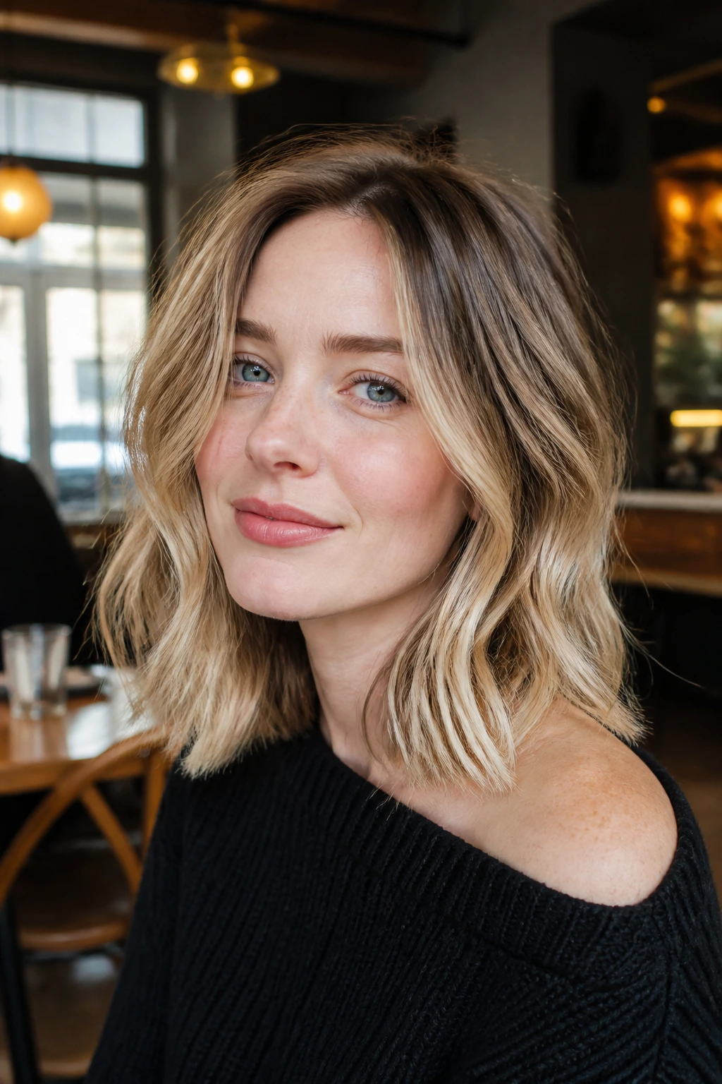 Close-up of a woman with cream bronde shoulder-length hair framing her face