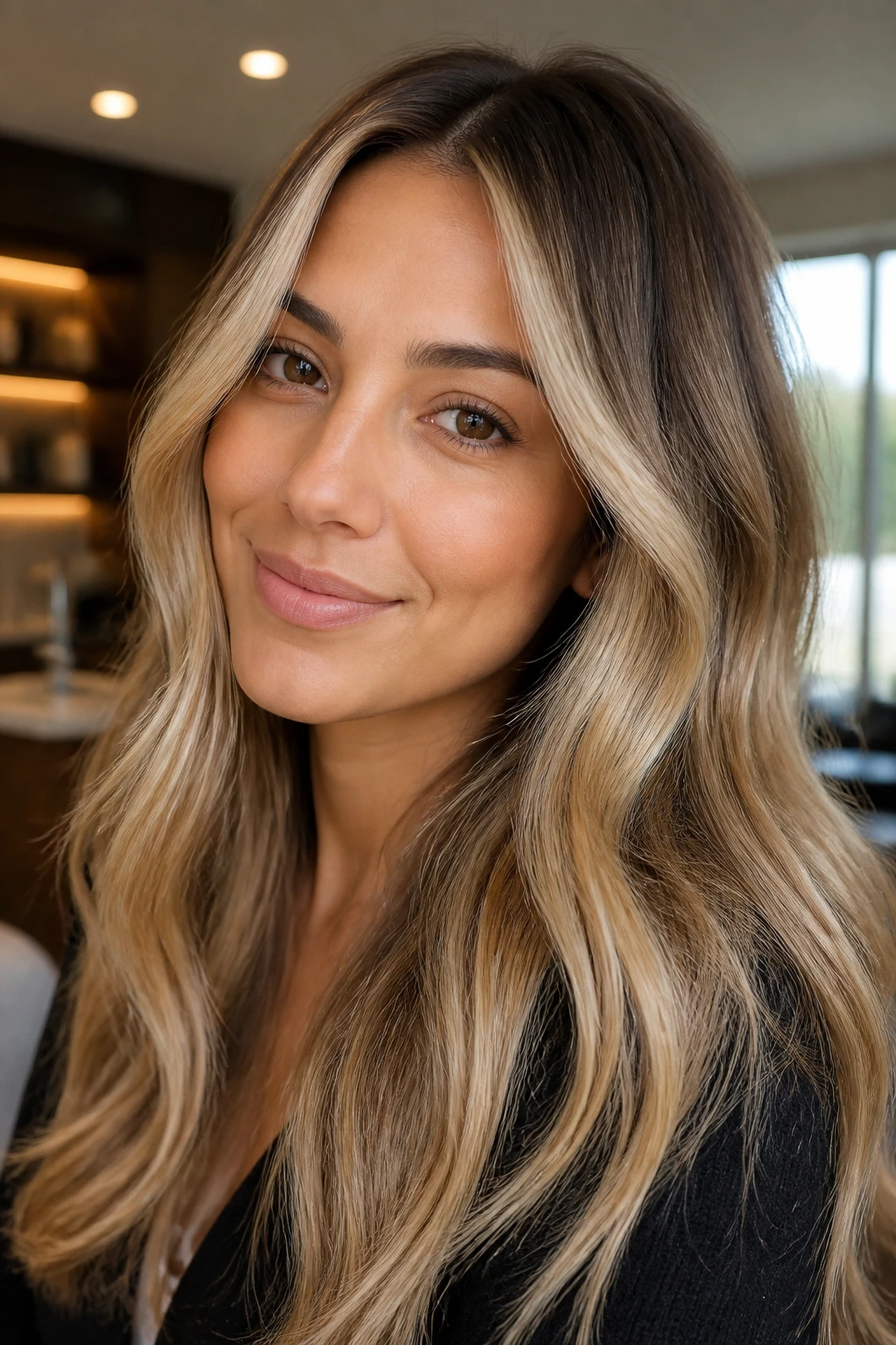 Close-up portrait of olive-skinned woman with cream-first balayage and face-framing lighter pieces