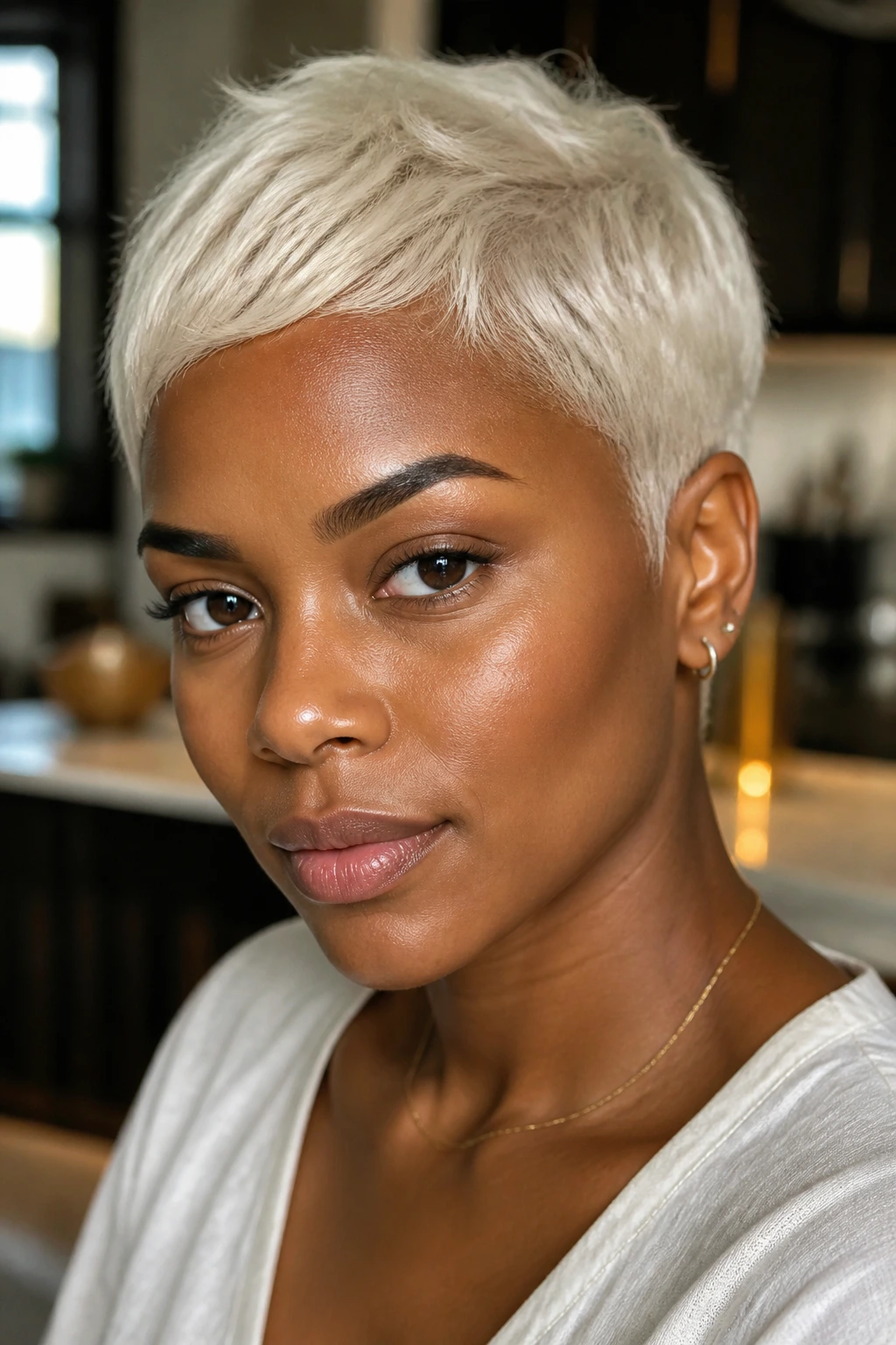 Close-up of a real person with a cream platinum pixie hairstyle