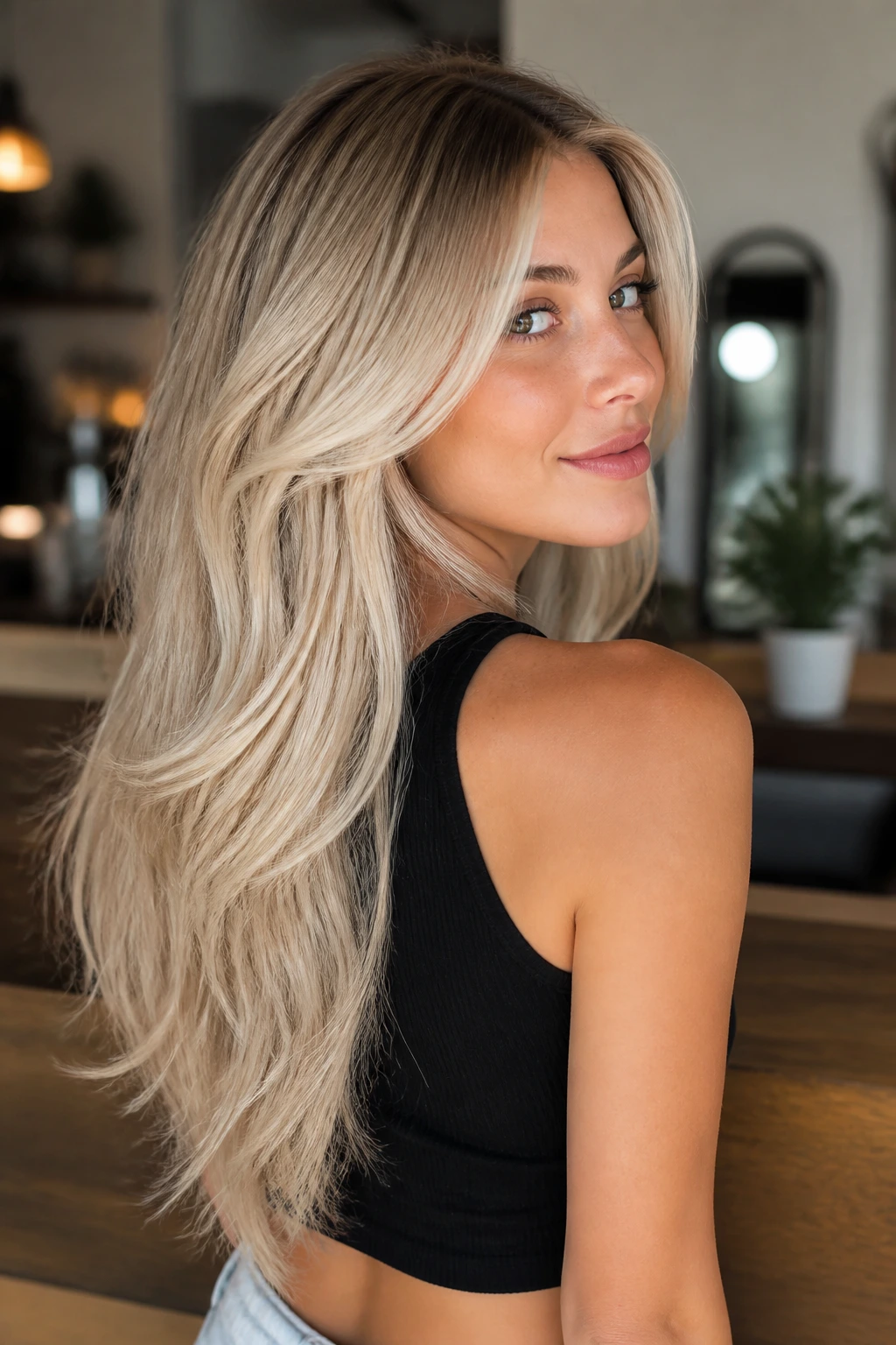 Real woman with Cream Puff V-Cut hairstyle showing subtle V-cut and cream blonde tones.