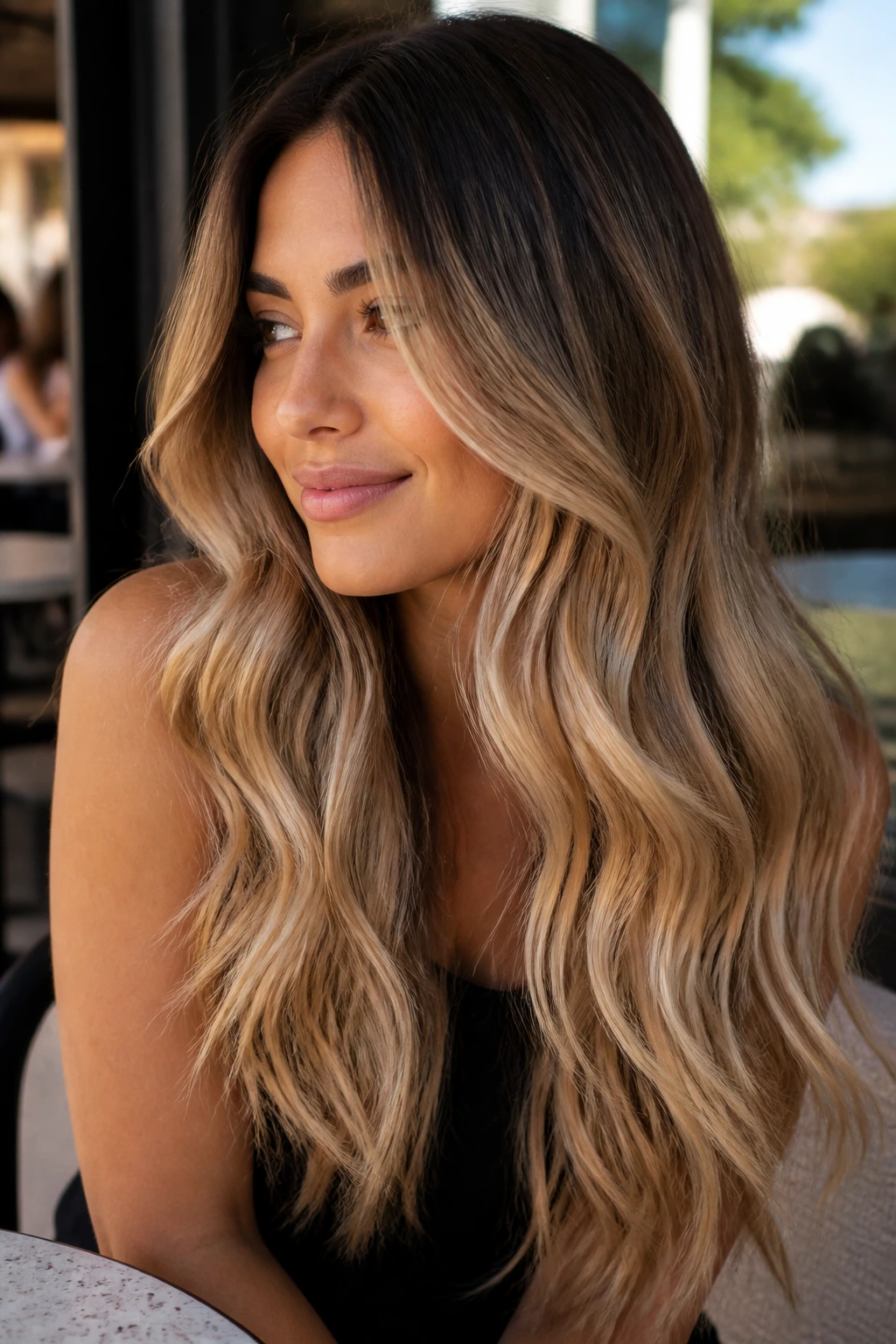 Brunette with creamy cream soda balayage in honey-beige-vanilla tones in natural light