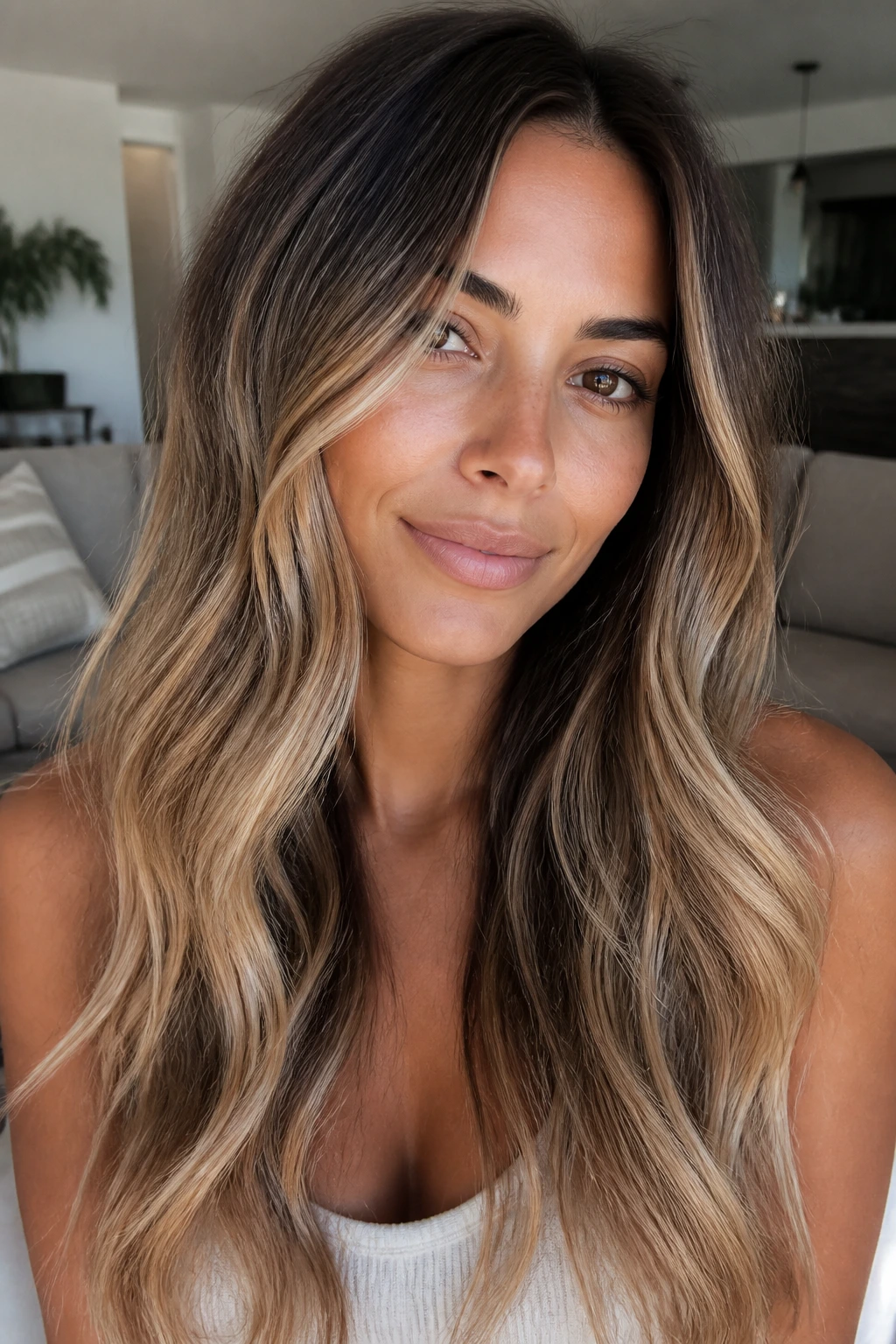 Real woman with cream soda balayage on long hair