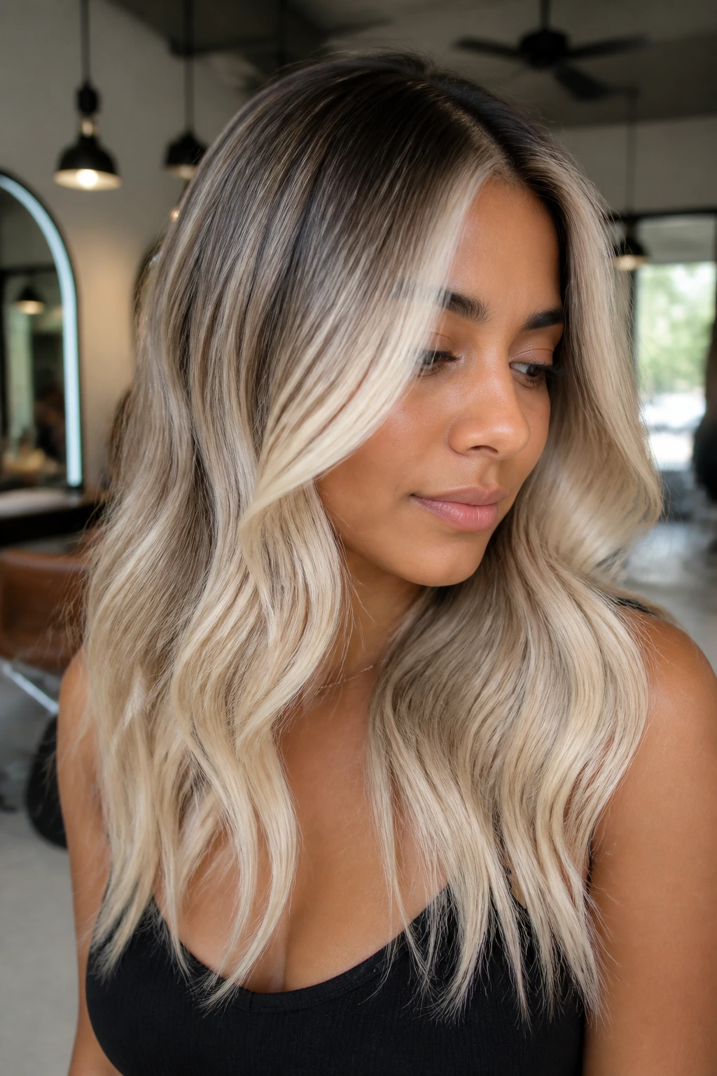 Close-up portrait of a real person with Cream Soda Platinum Balayage on tan skin