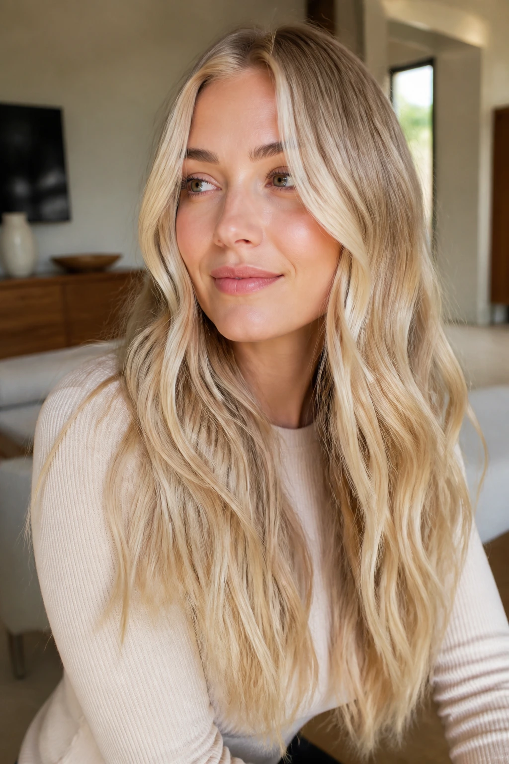 Medium close-up of a woman with cream soda balayage in soft waves.