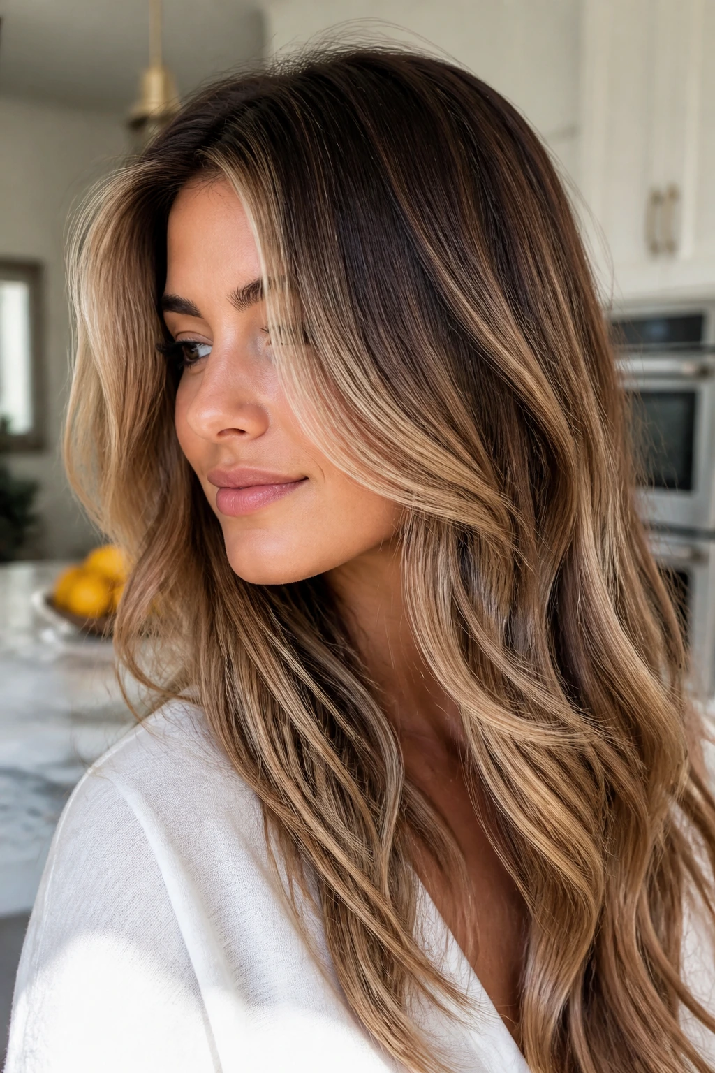 Close-up portrait of a real woman with creamy beige cream soda balayage on thick hair