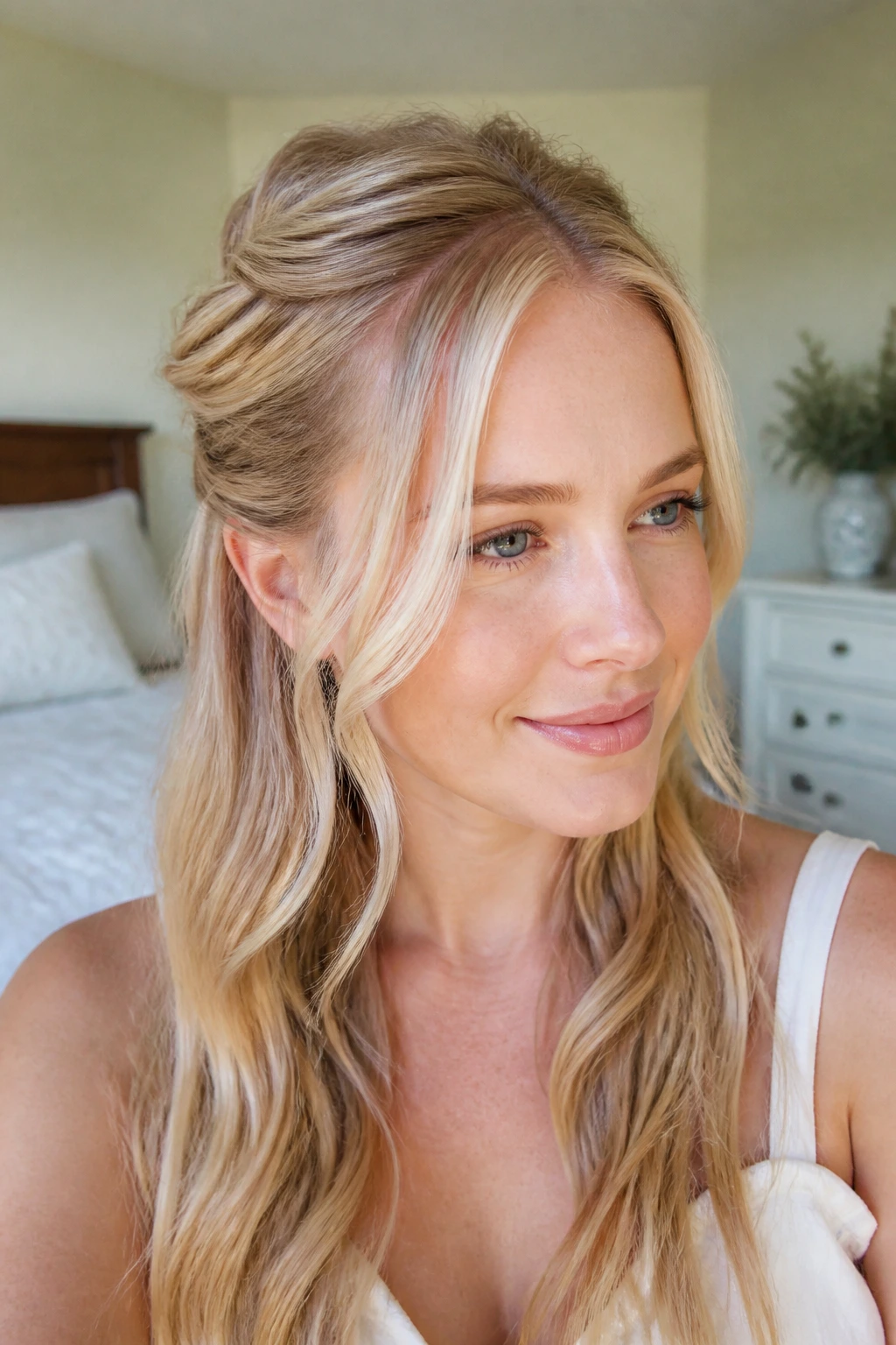 Close-up portrait of a real woman with cream soda half-up twist and creamy blonde color